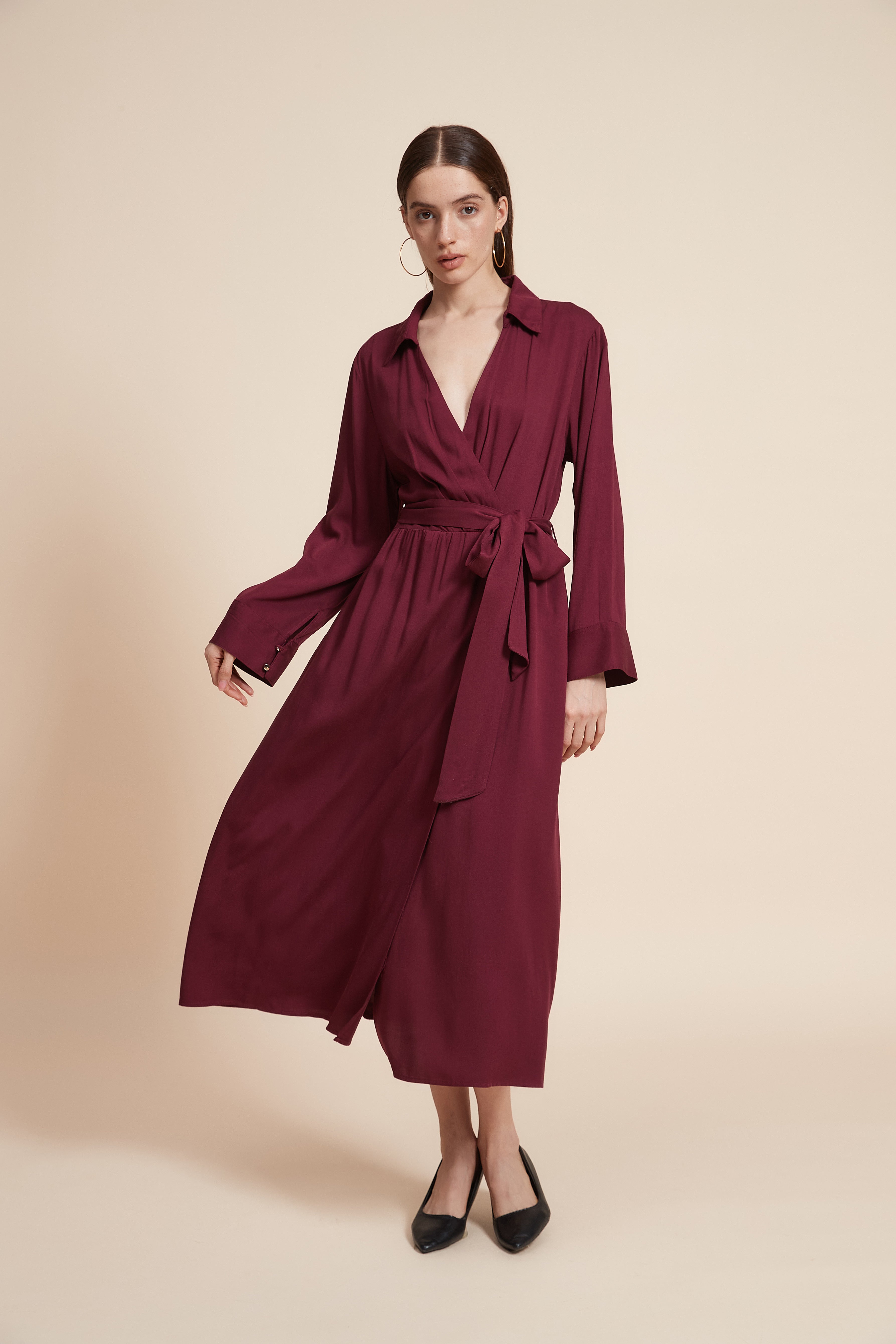 Plain Long Sleeve Midi Dress with Waist Belt