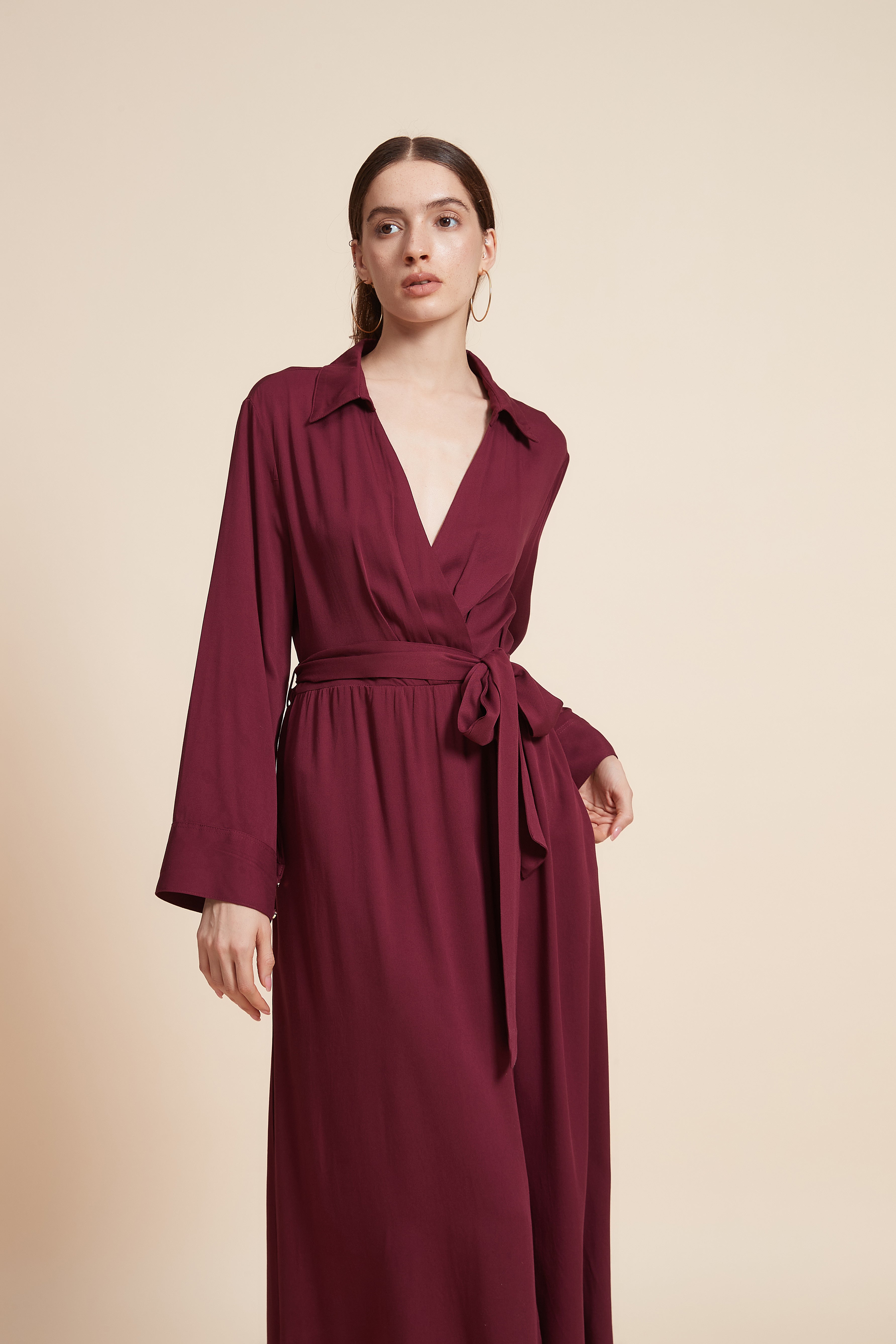 Plain Long Sleeve Midi Dress with Waist Belt