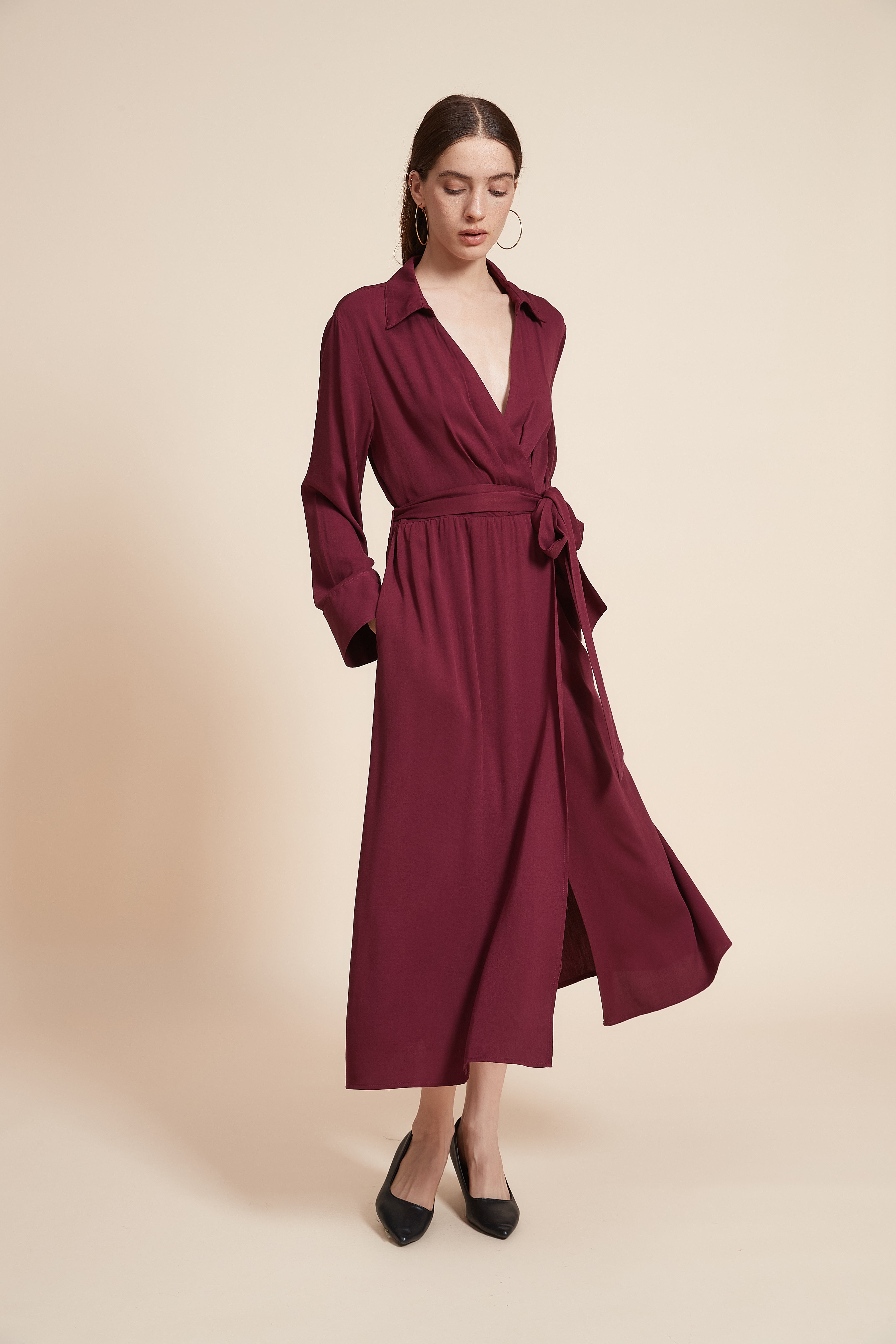 Plain Long Sleeve Midi Dress with Waist Belt