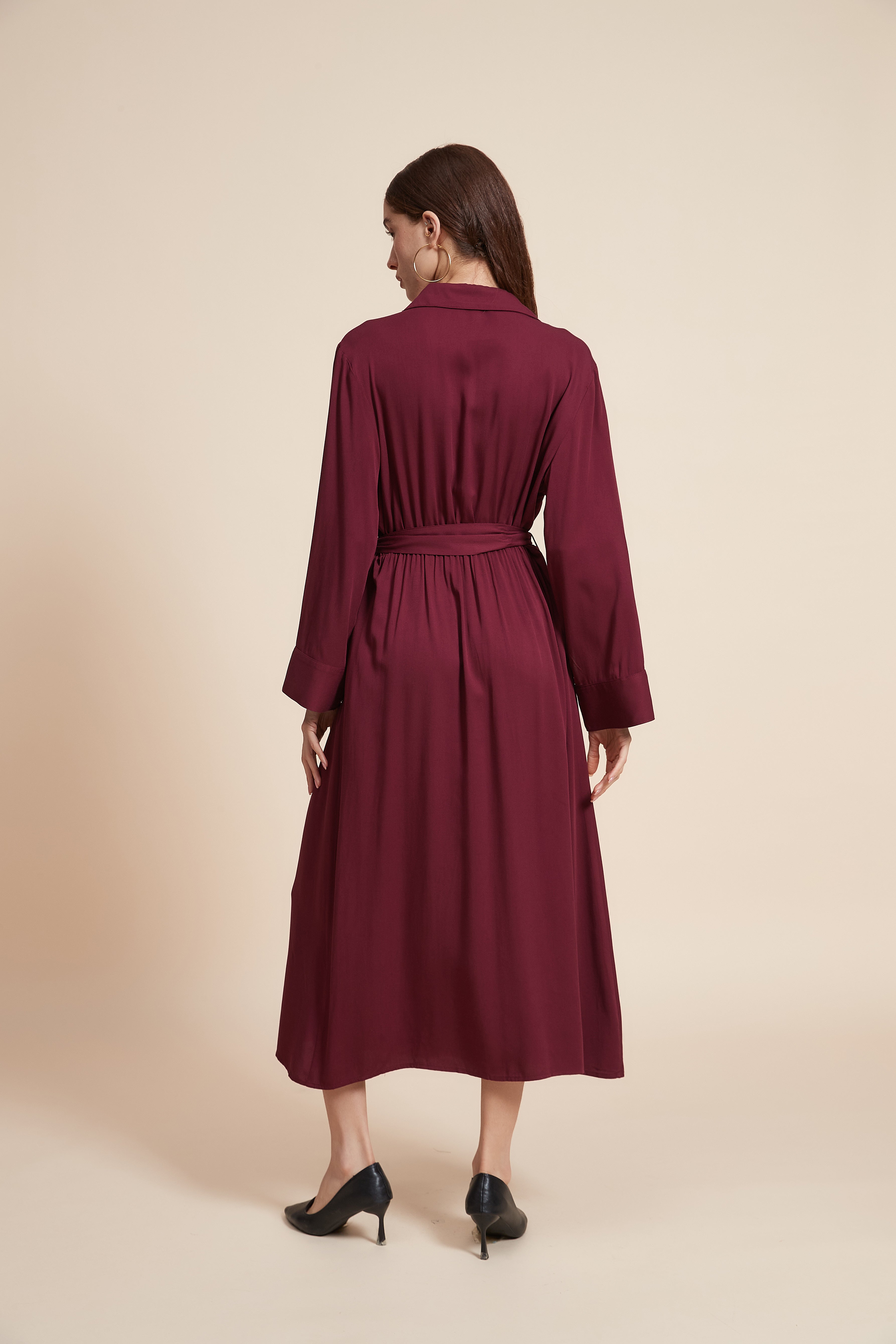 Plain Long Sleeve Midi Dress with Waist Belt