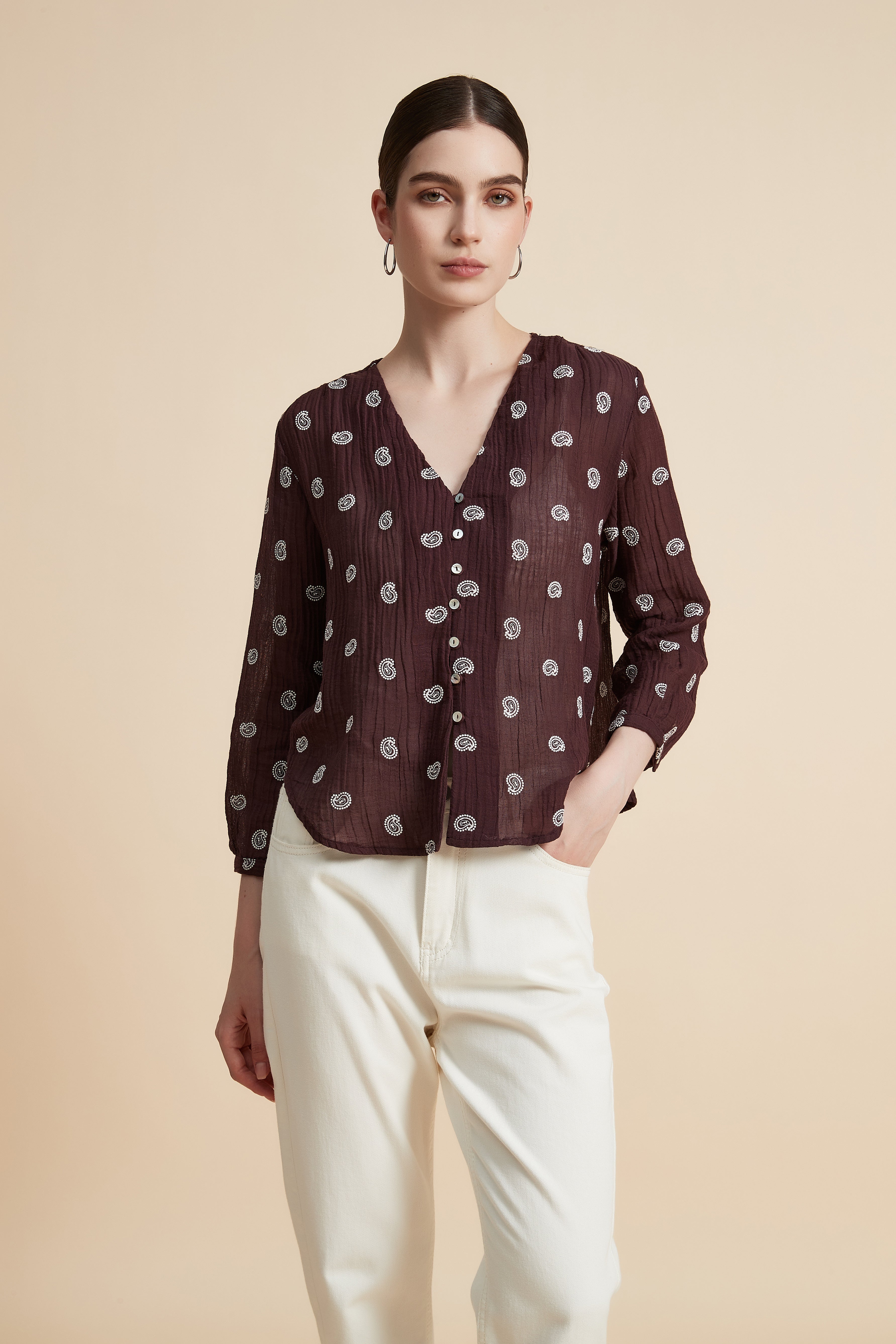 V-Neck Printed 3/4 Sleeve Blouse