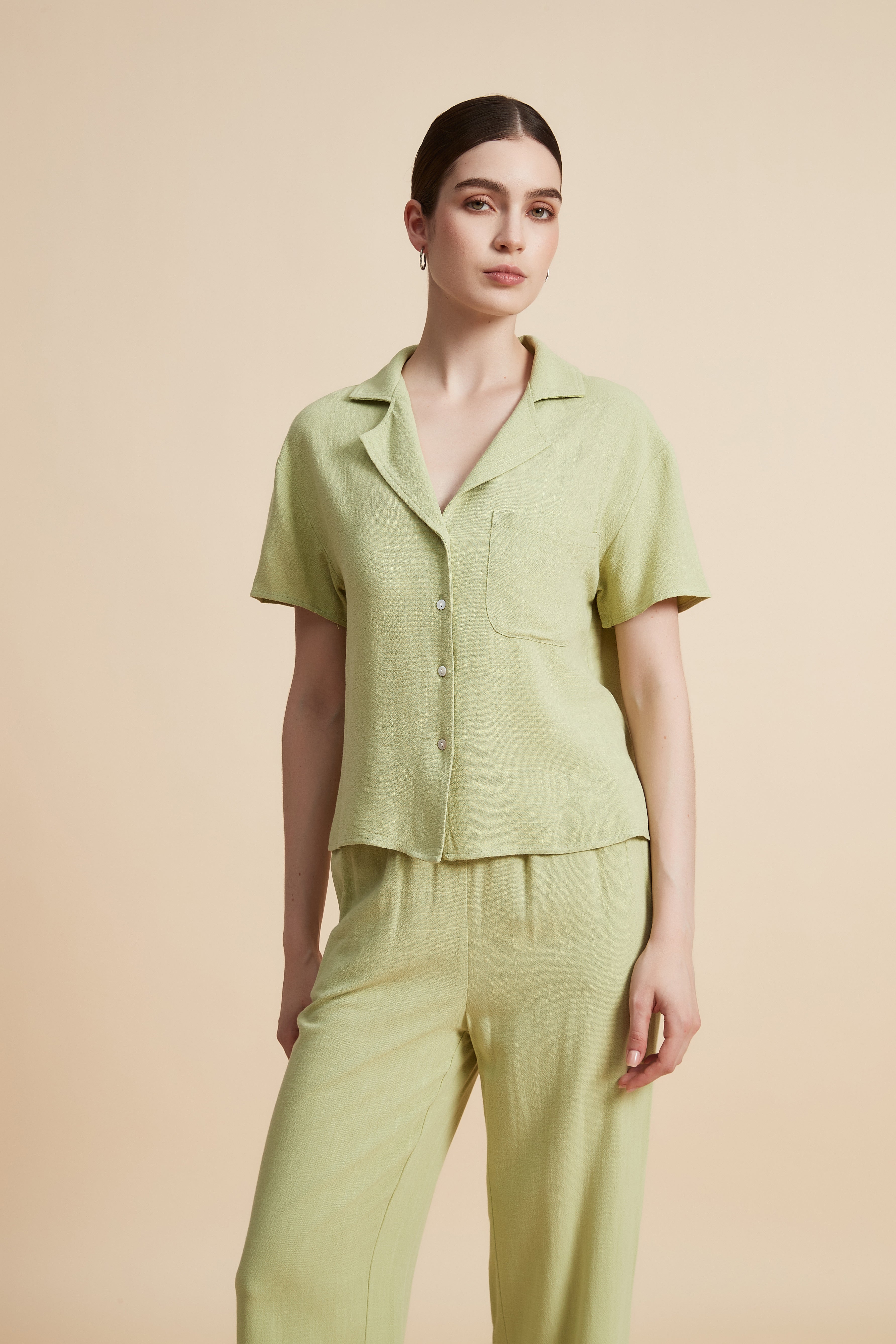 Solid Short Sleeve Blouse with Front Buttons