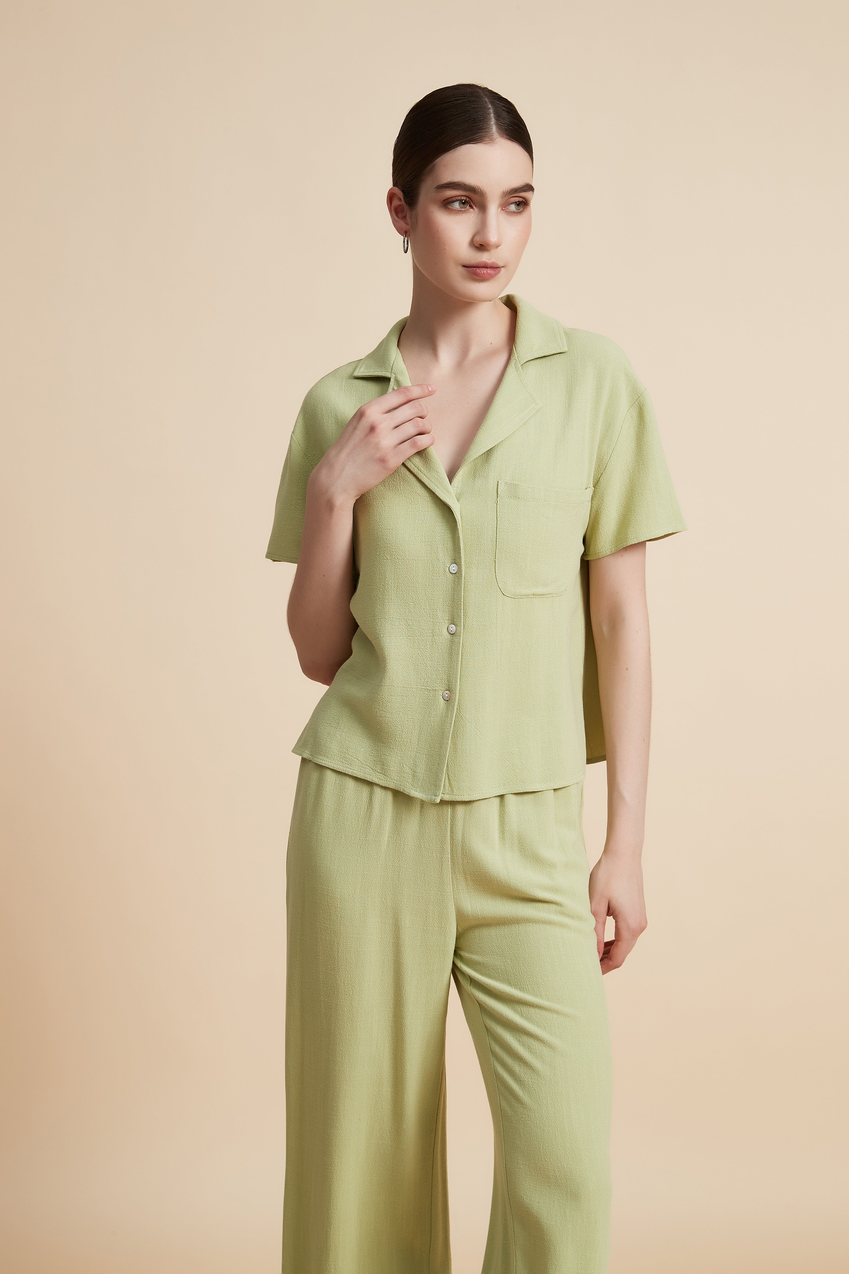 Solid Short Sleeve Blouse with Front Buttons