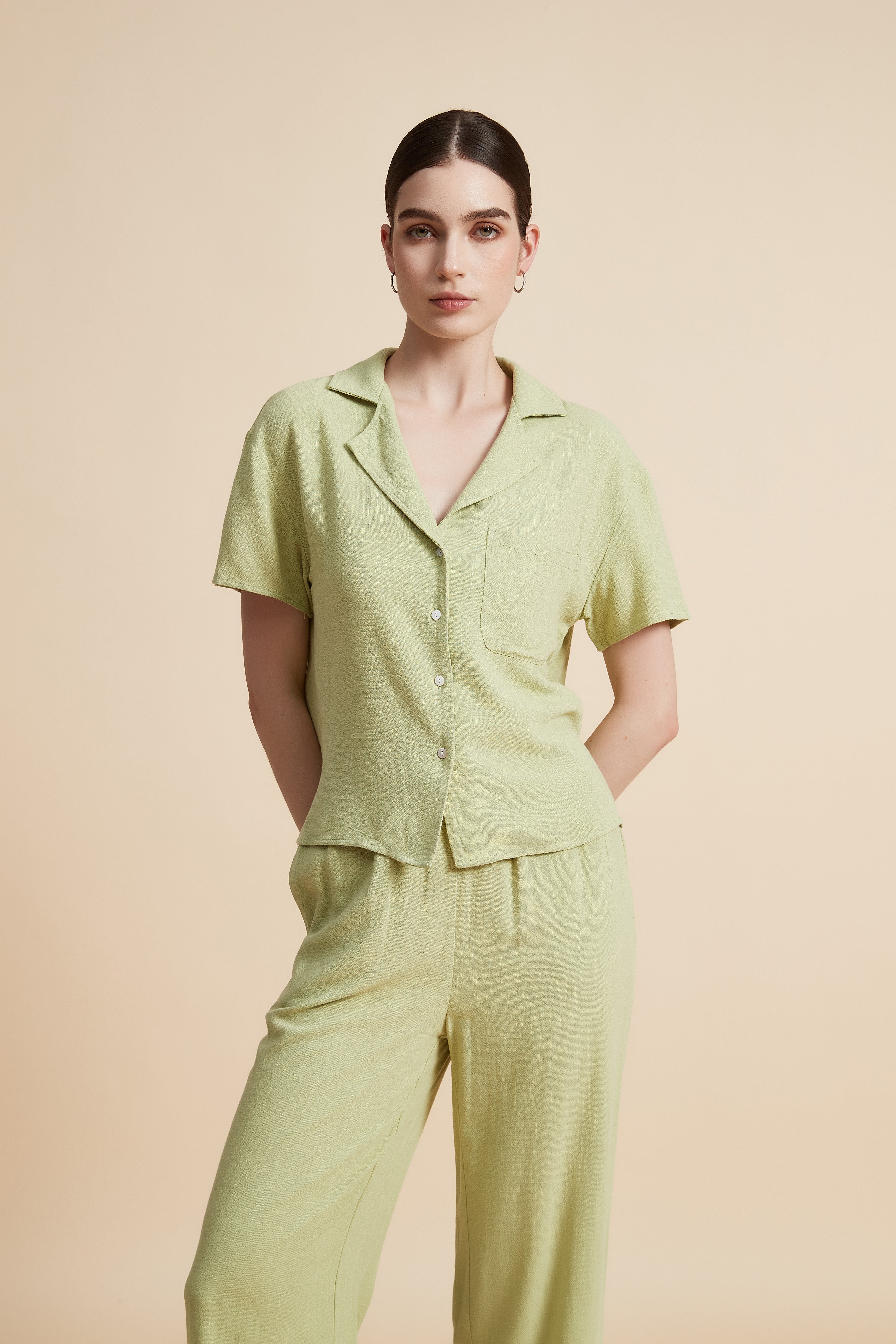 Solid Short Sleeve Blouse with Front Buttons