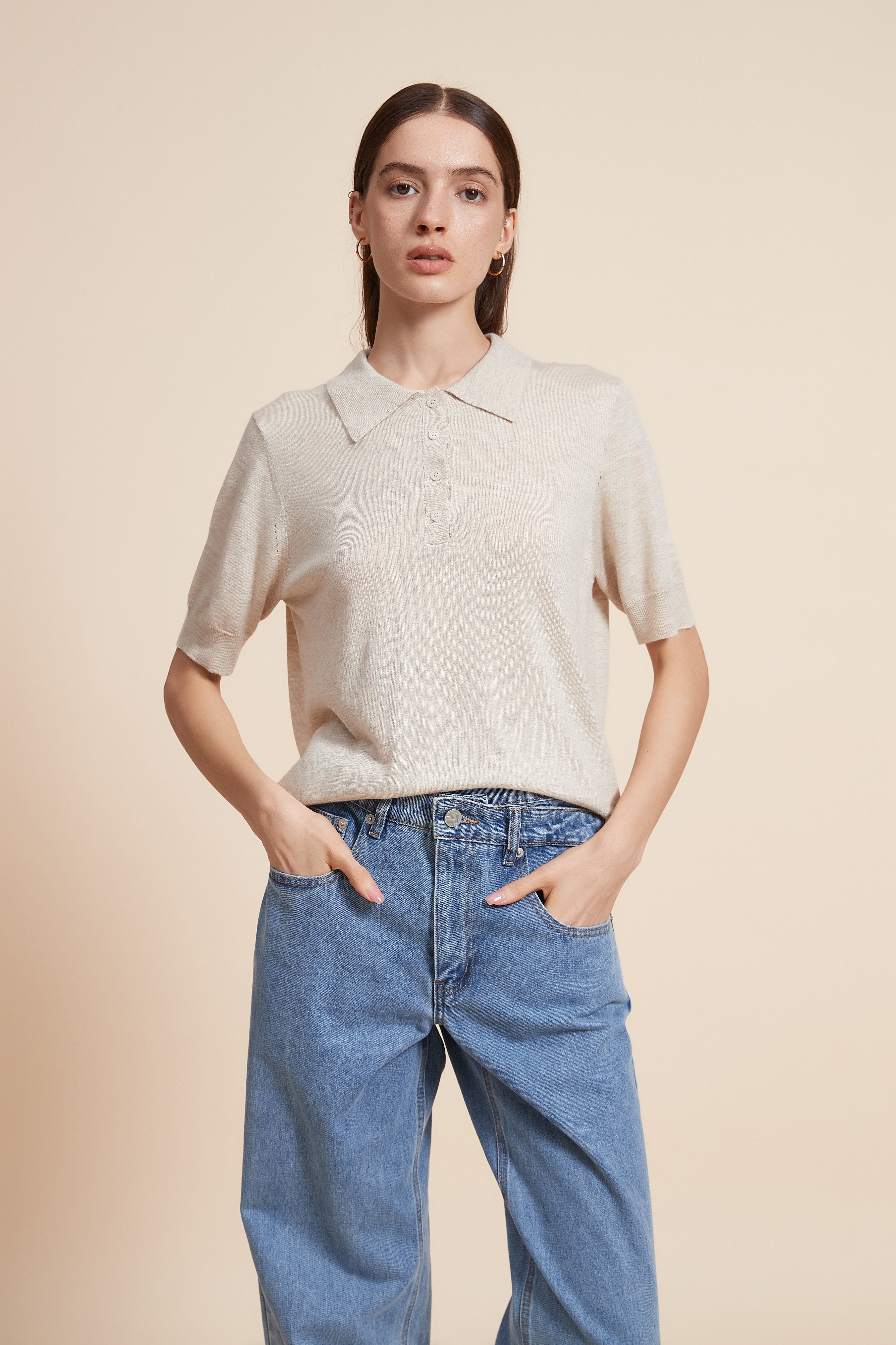 Plain Half Sleeve Blouse With Polo Collar