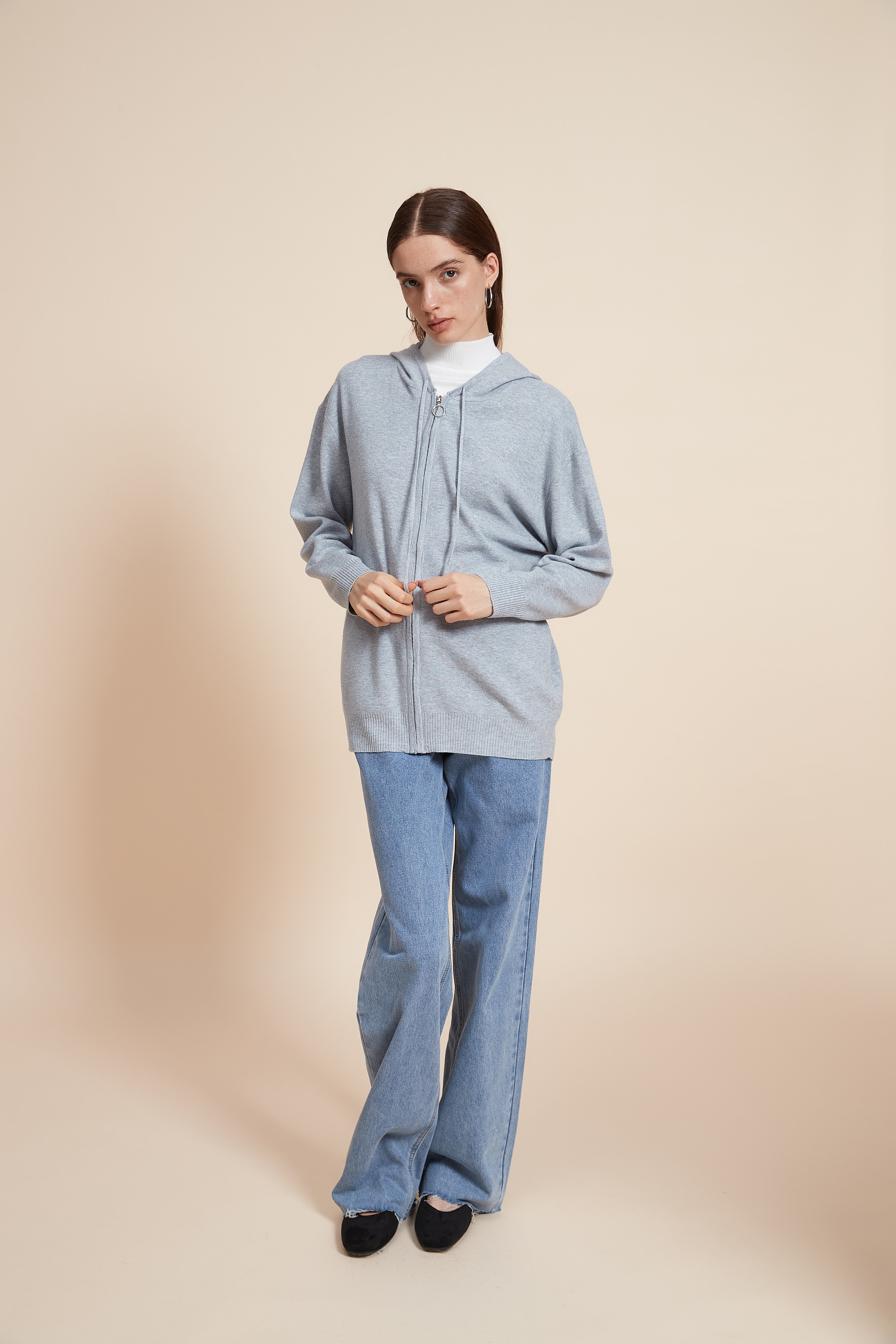 جاكيت متوسط الطول سادة مضلع اكمام طويلة