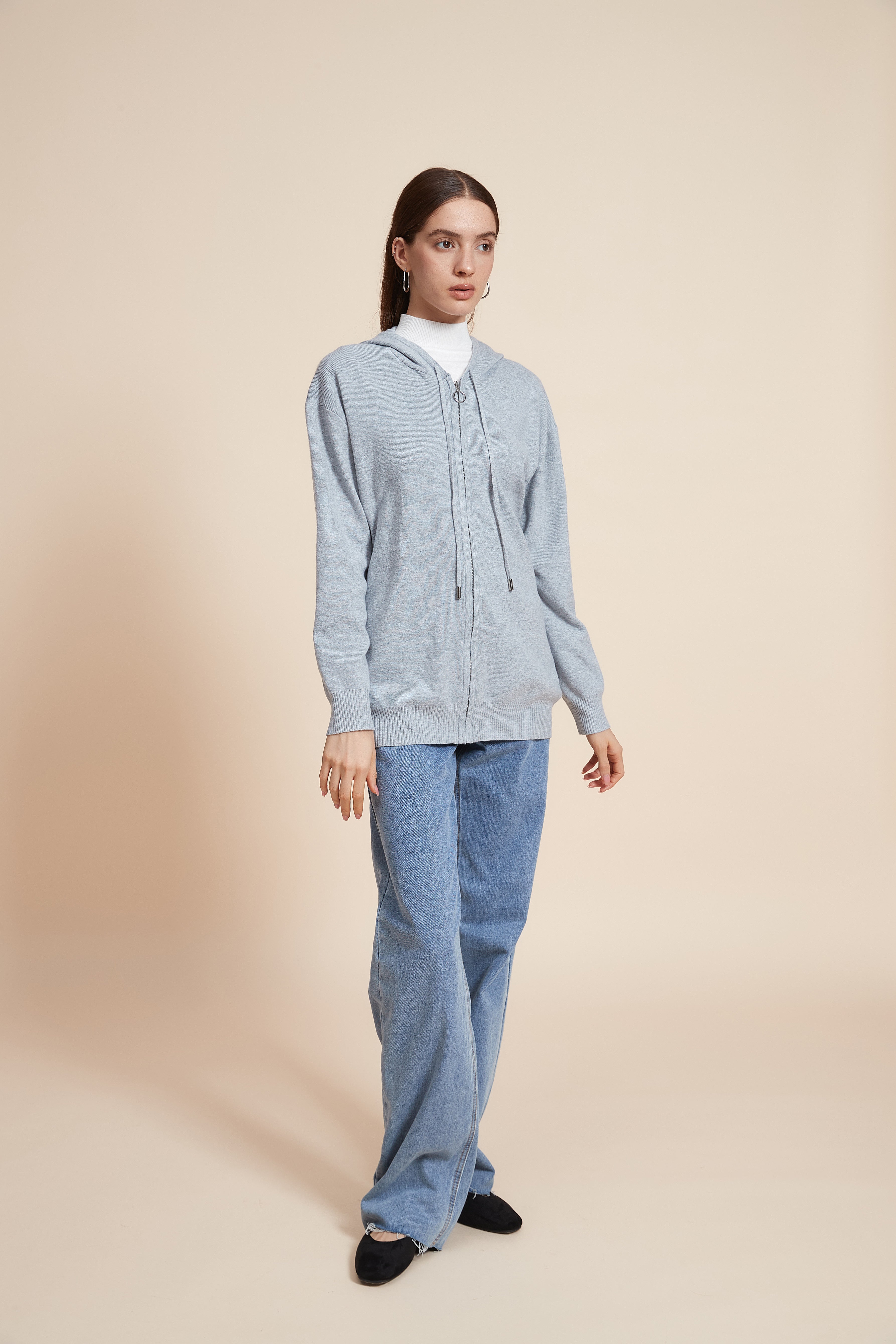 جاكيت متوسط الطول سادة مضلع اكمام طويلة