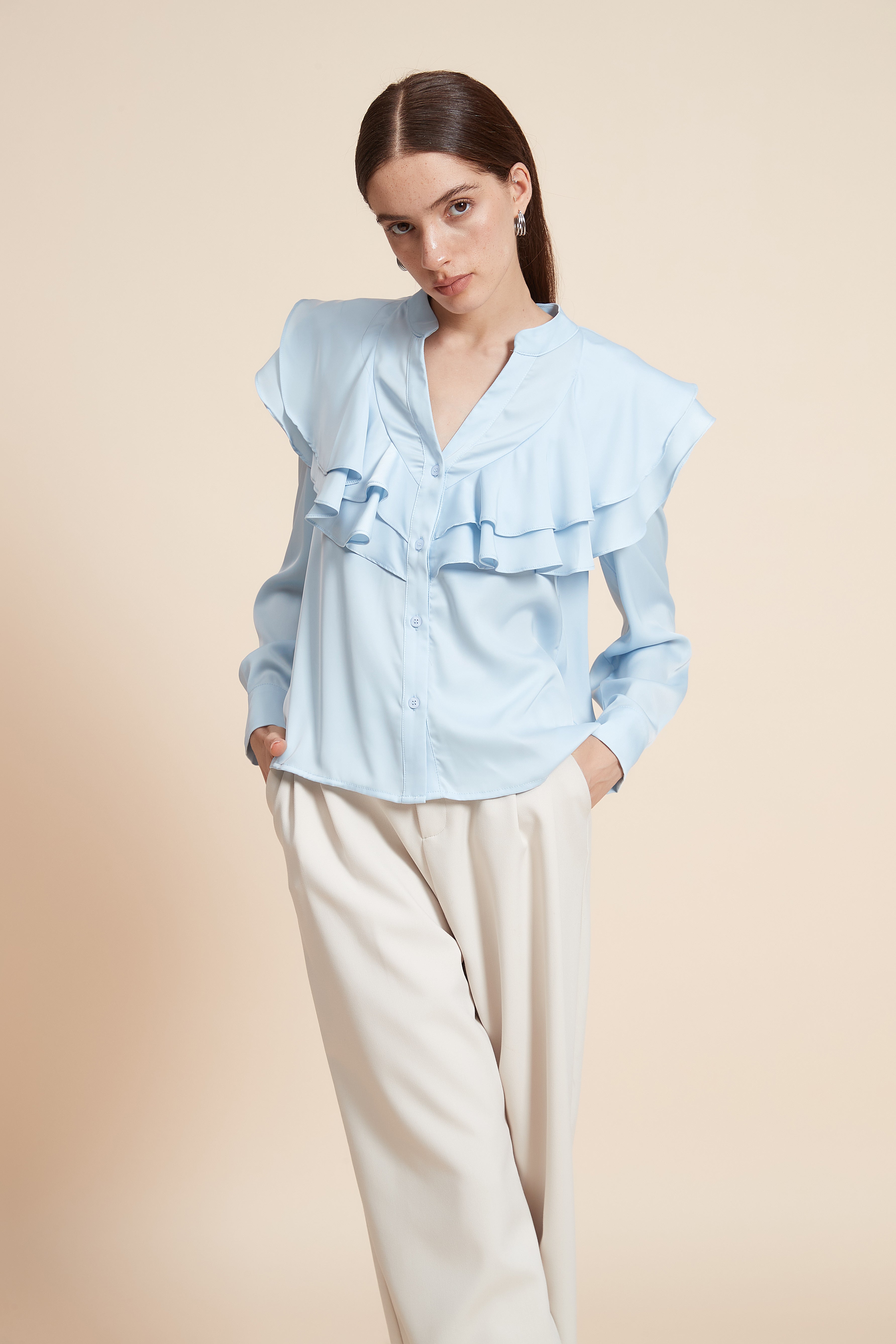 Plain Long Sleeve Blouse With Ruched Bust