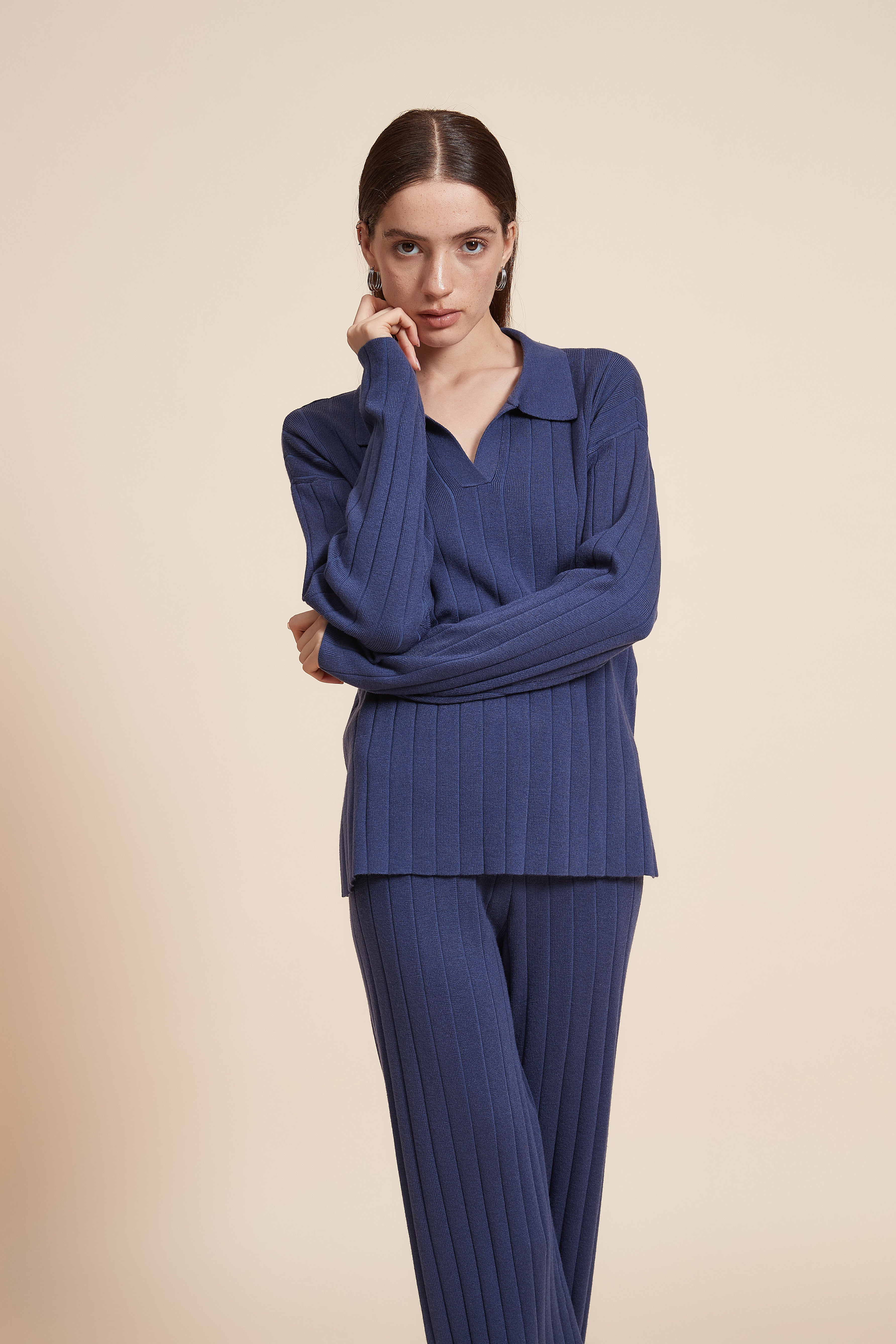 Plain Ribbed Mid-Length Blouse With Long Sleeves