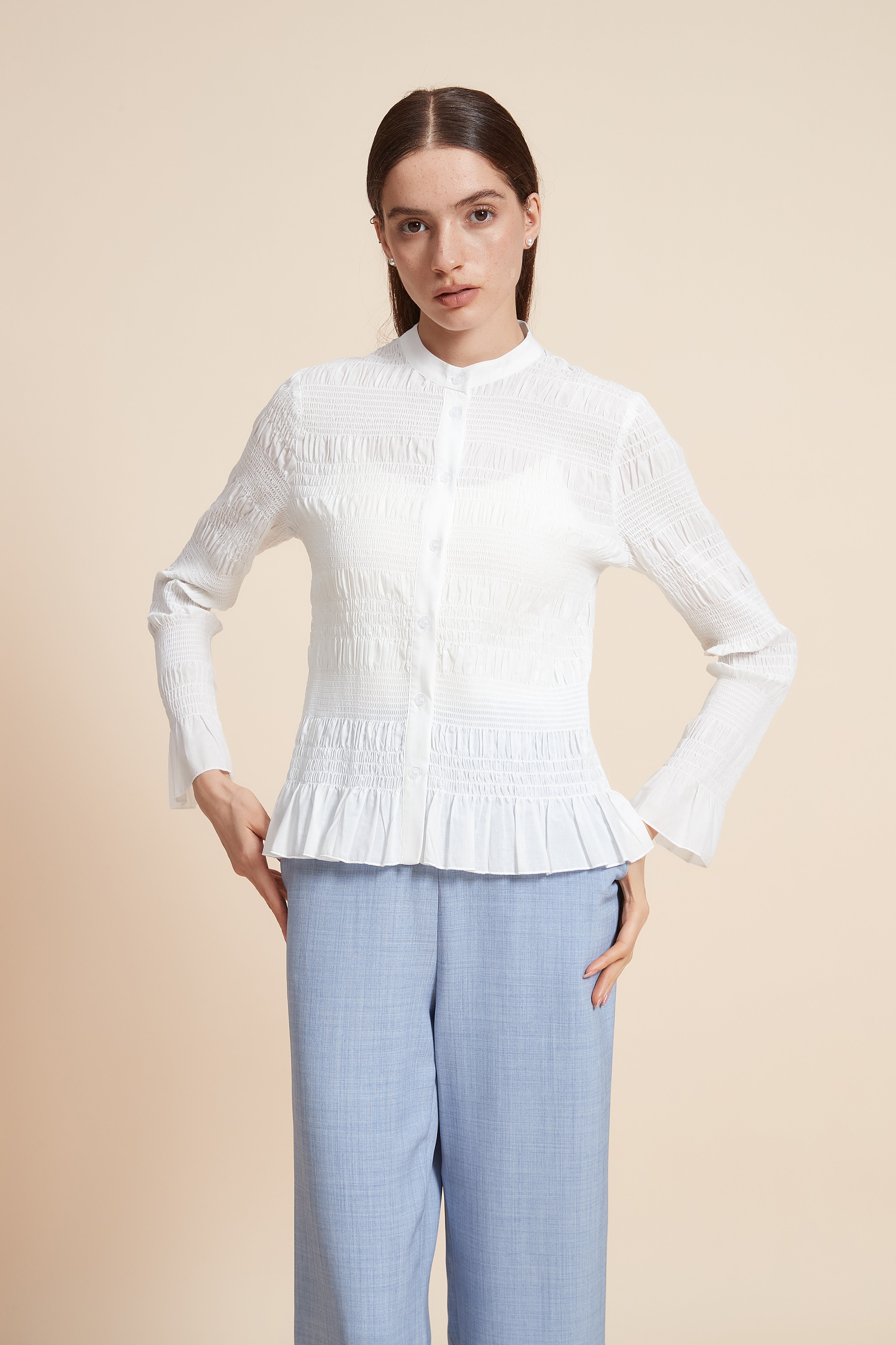 Ruched Plain Blouse With Long Sleeves