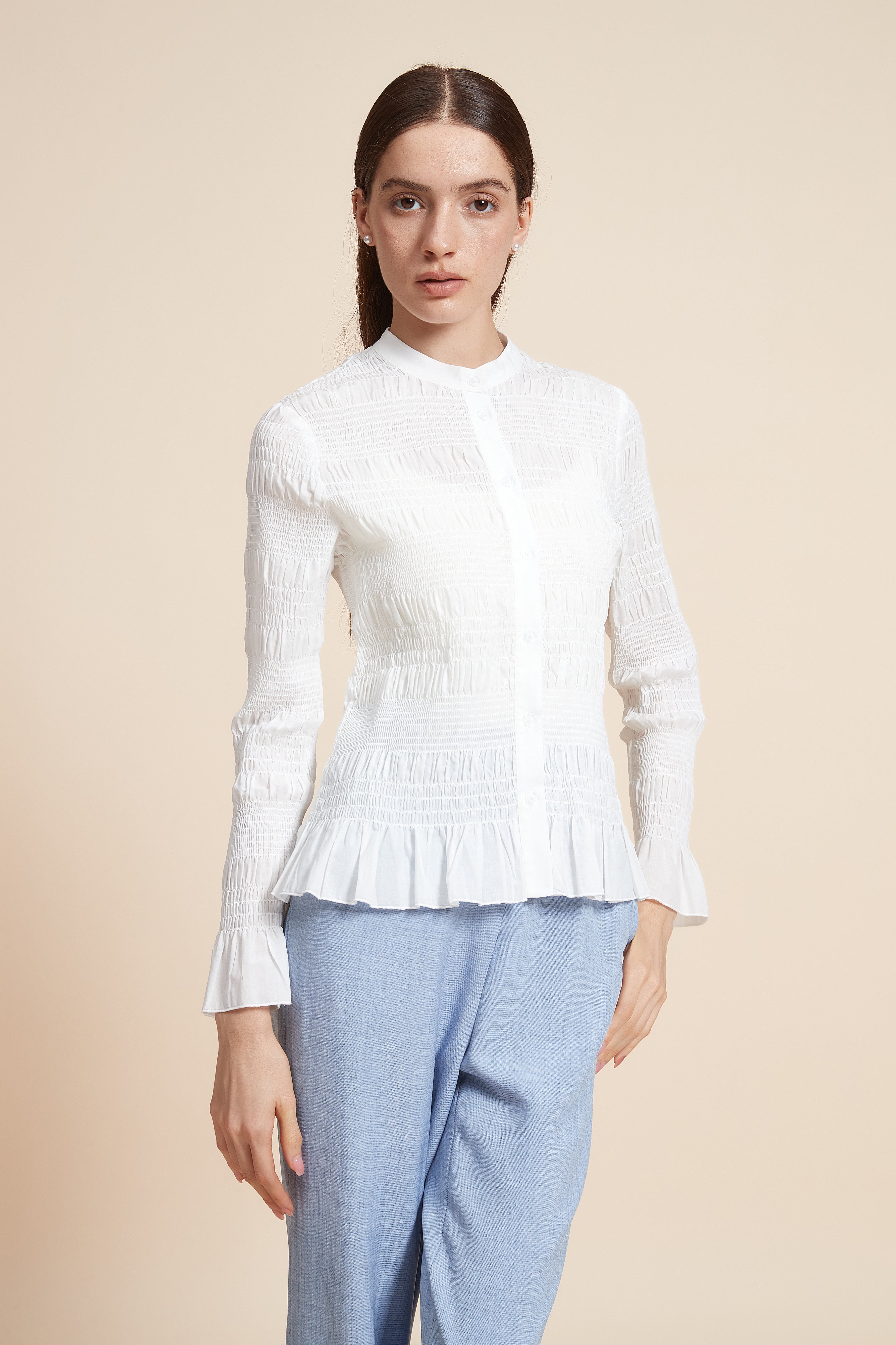 Ruched Plain Blouse With Long Sleeves