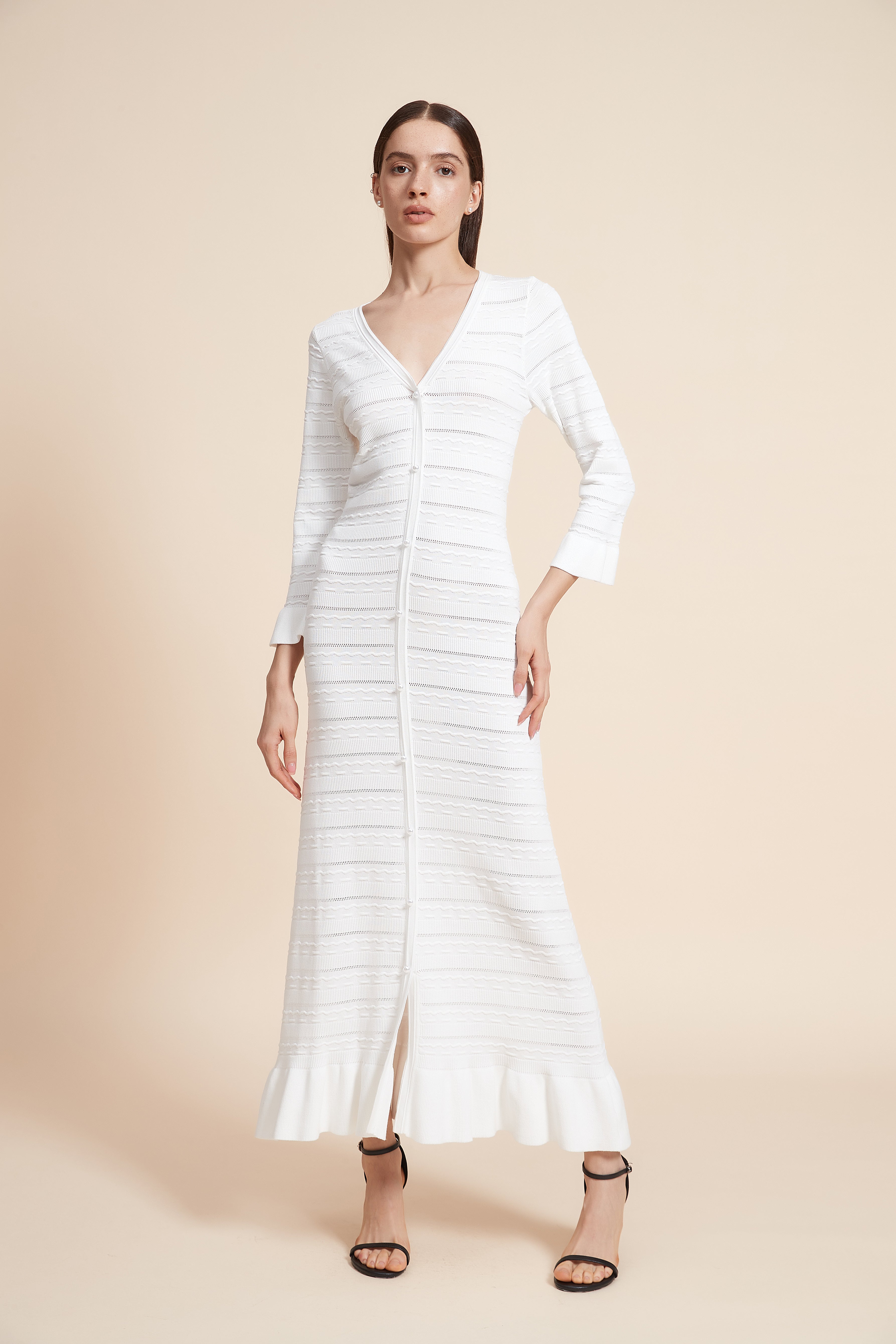 Knitted Maxi Dress With 3/4 Sleeves