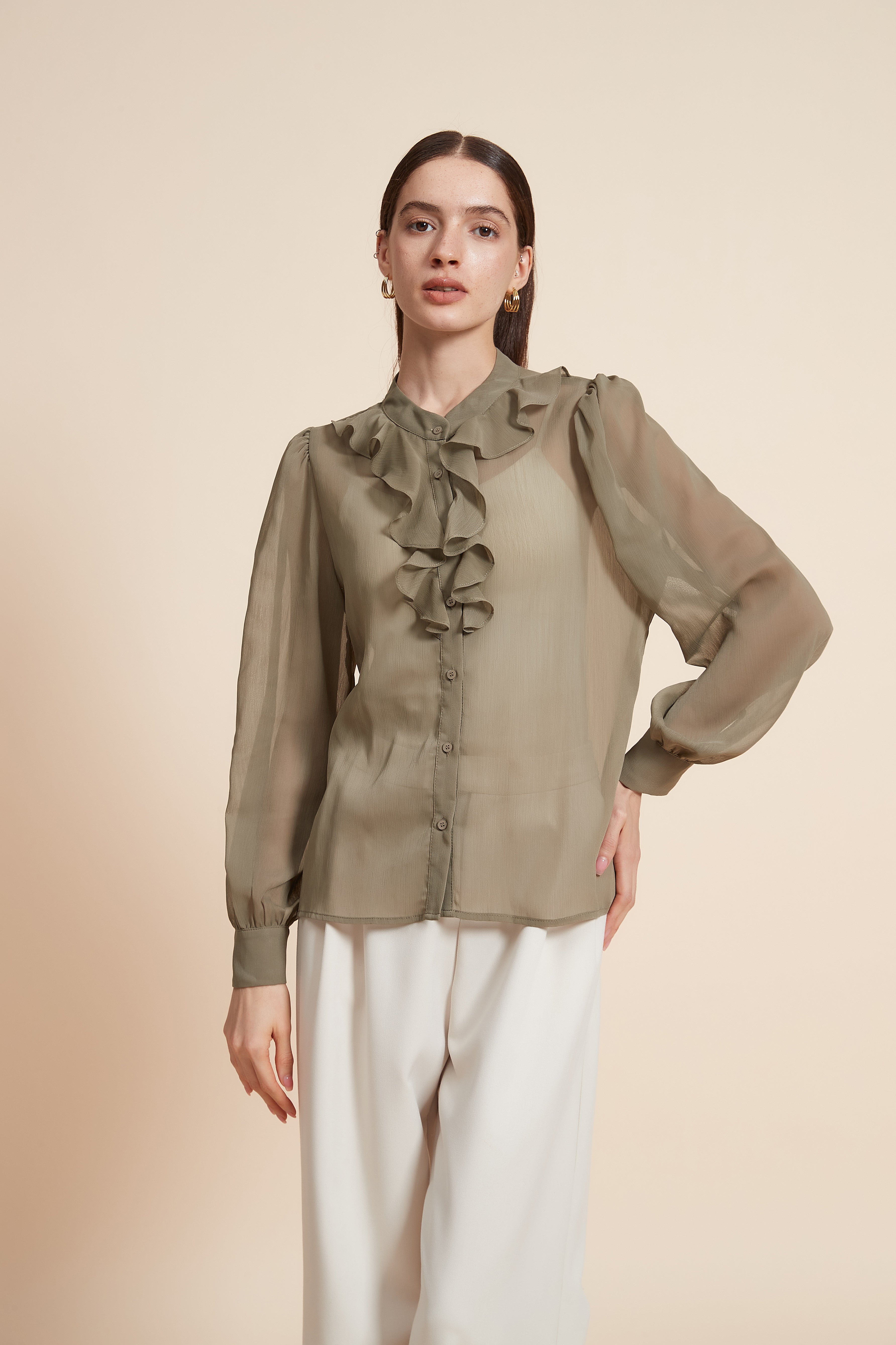 Ruched Blouse With Wide Long Sleeves