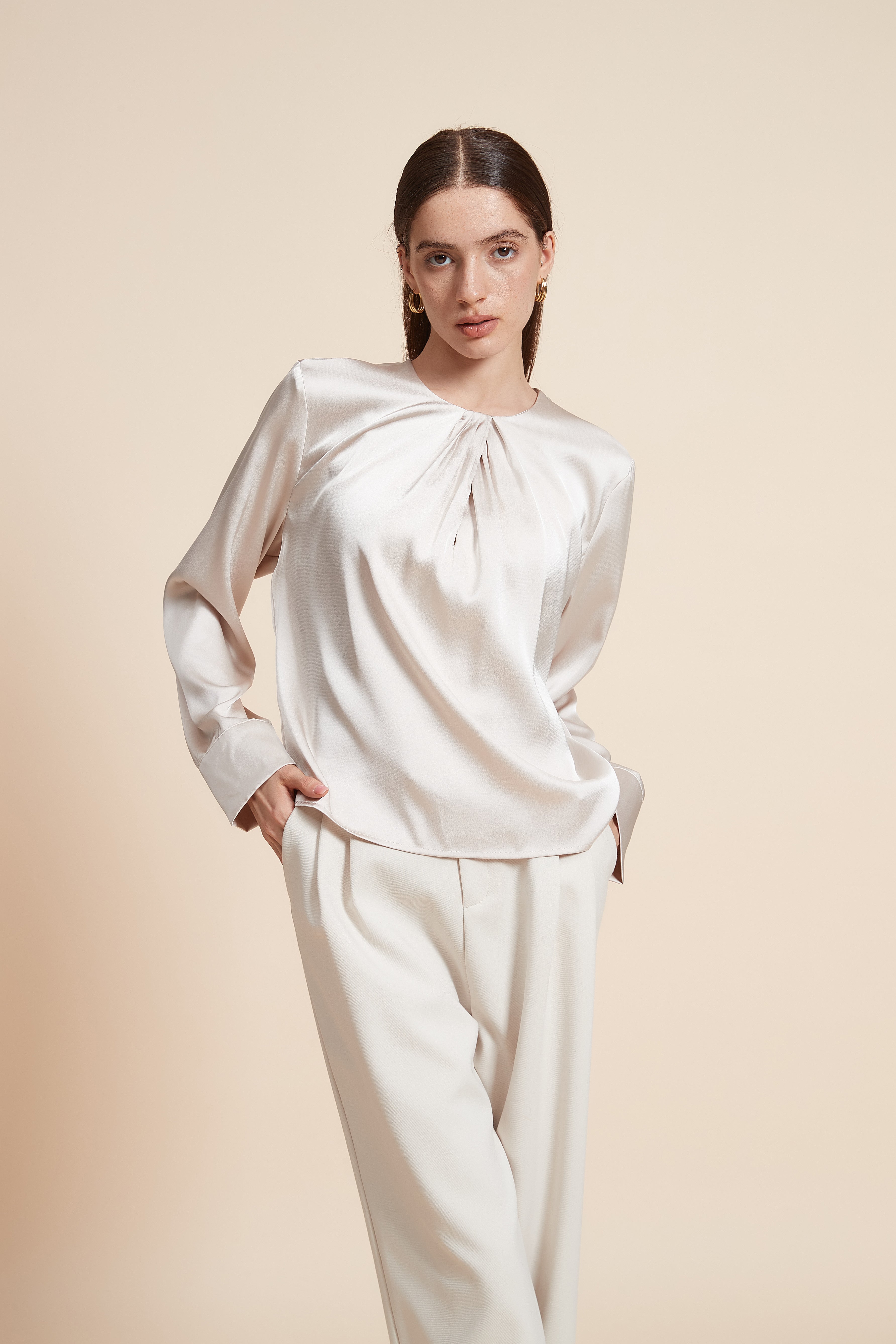 Loose-Fit Long Sleeve Plain Blouse