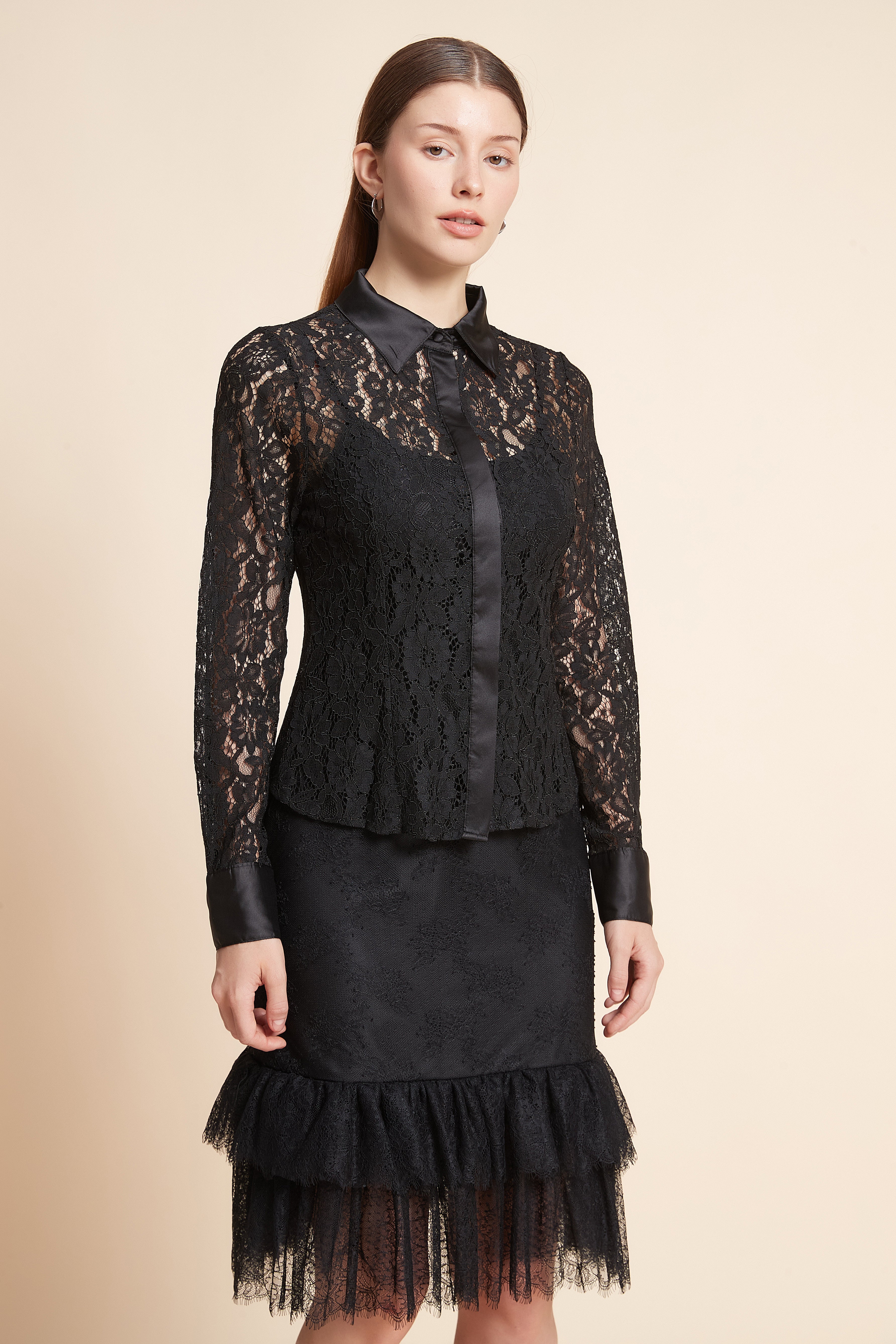 Embroidered Long Sleeve Top With Lace Details And Shirt Collar