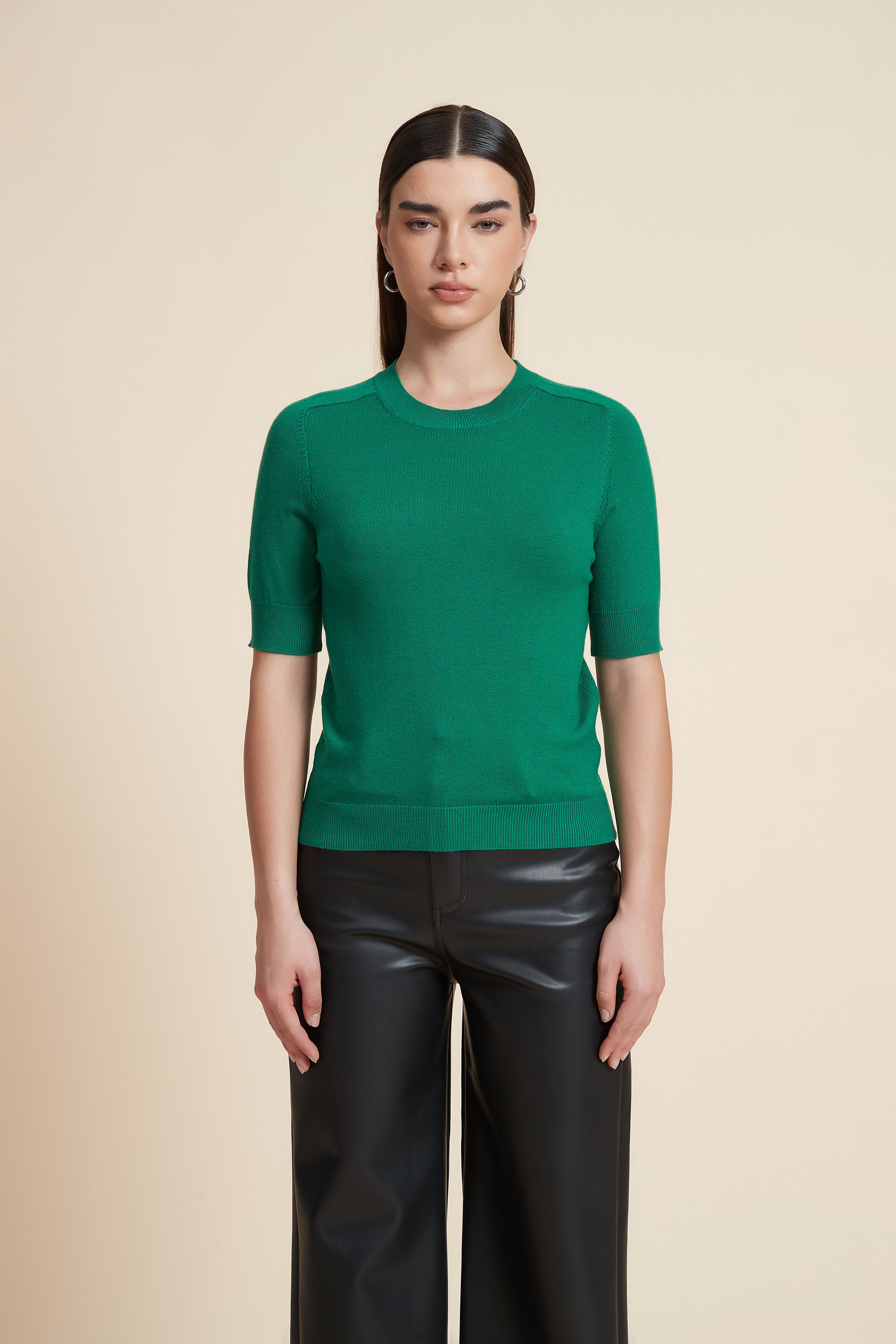 Plain Short Sleeve Top with Round Neck