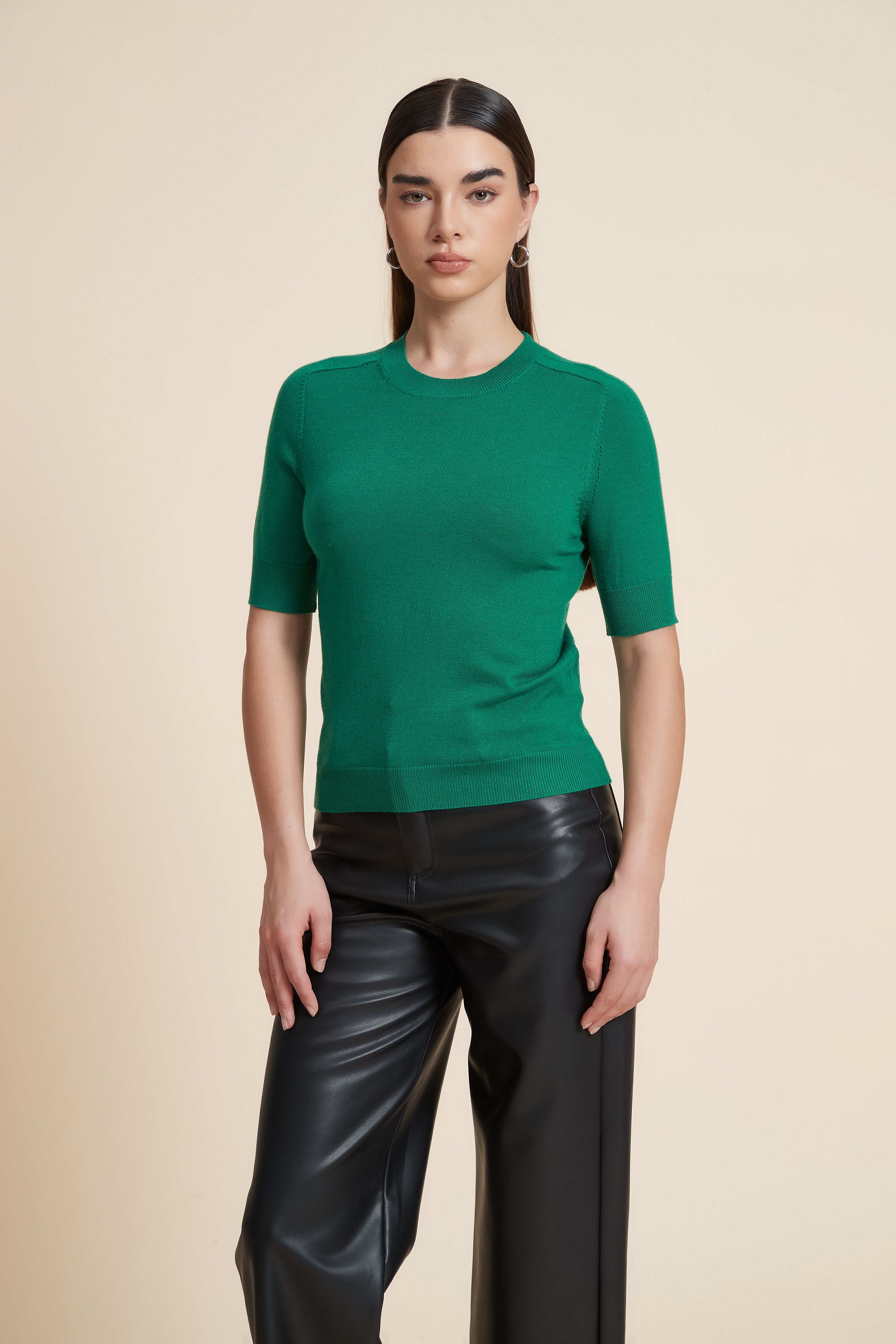 Plain Short Sleeve Top with Round Neck