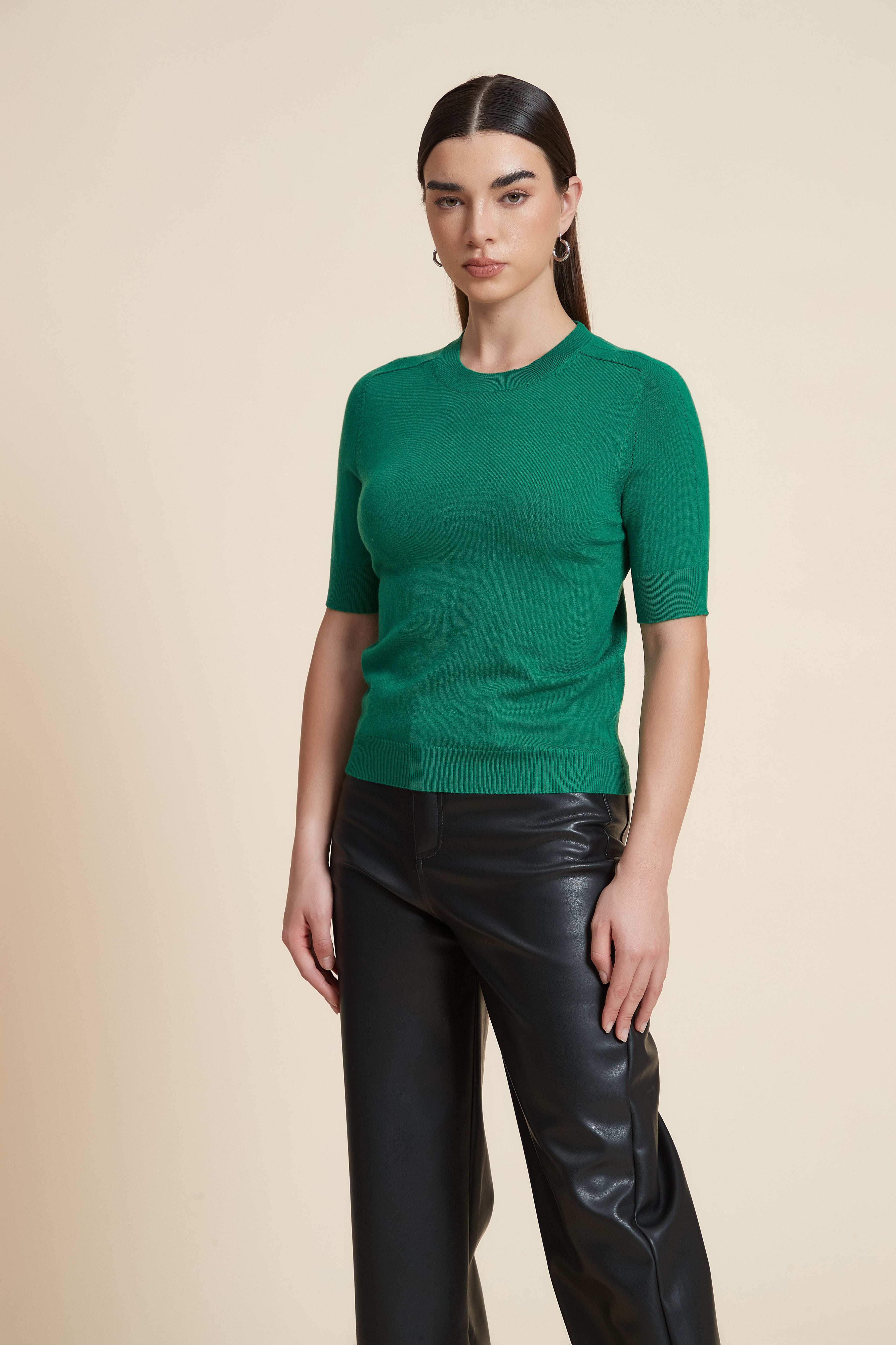 Plain Short Sleeve Top with Round Neck