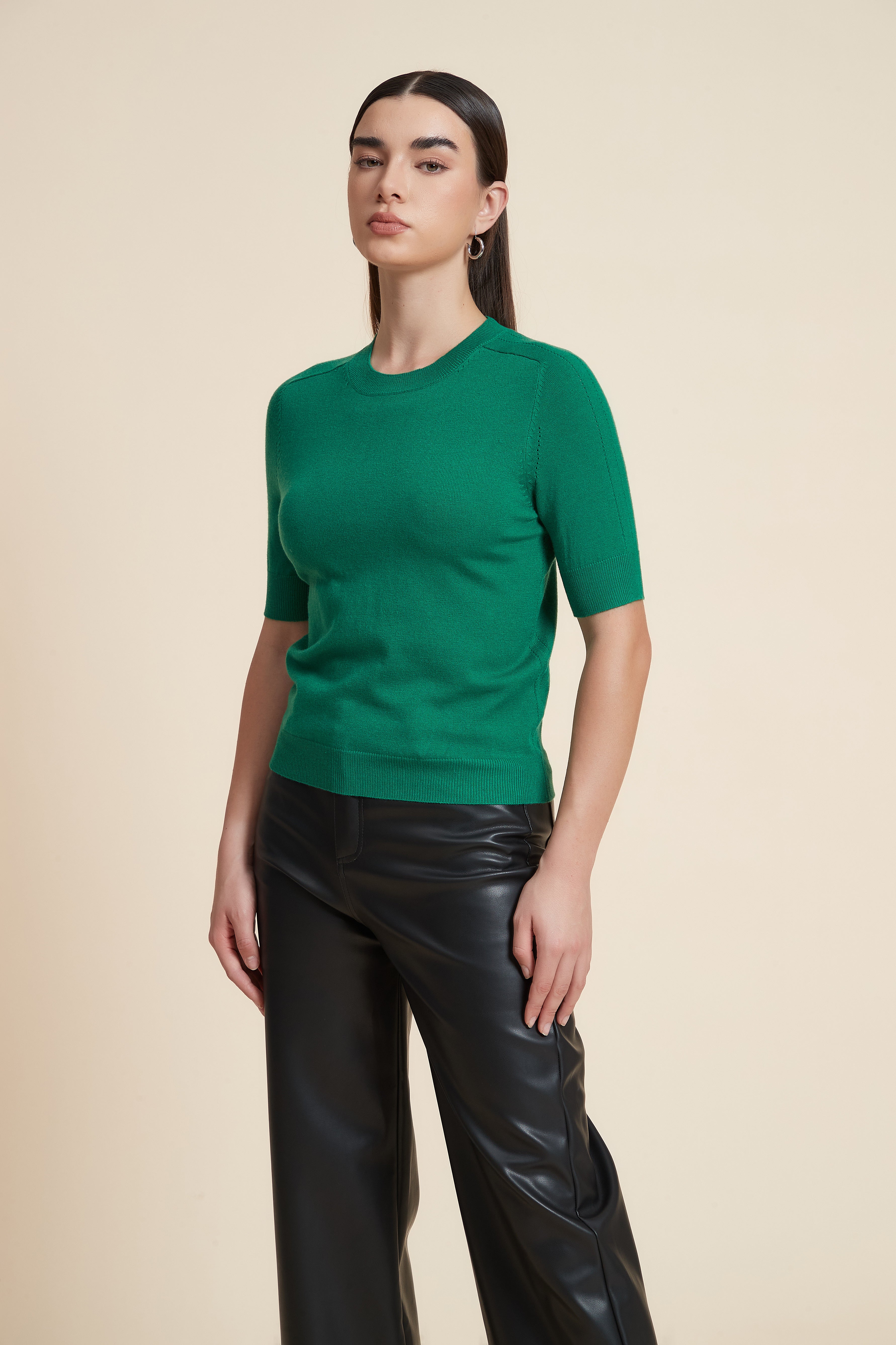 Plain Short Sleeve Top with Round Neck