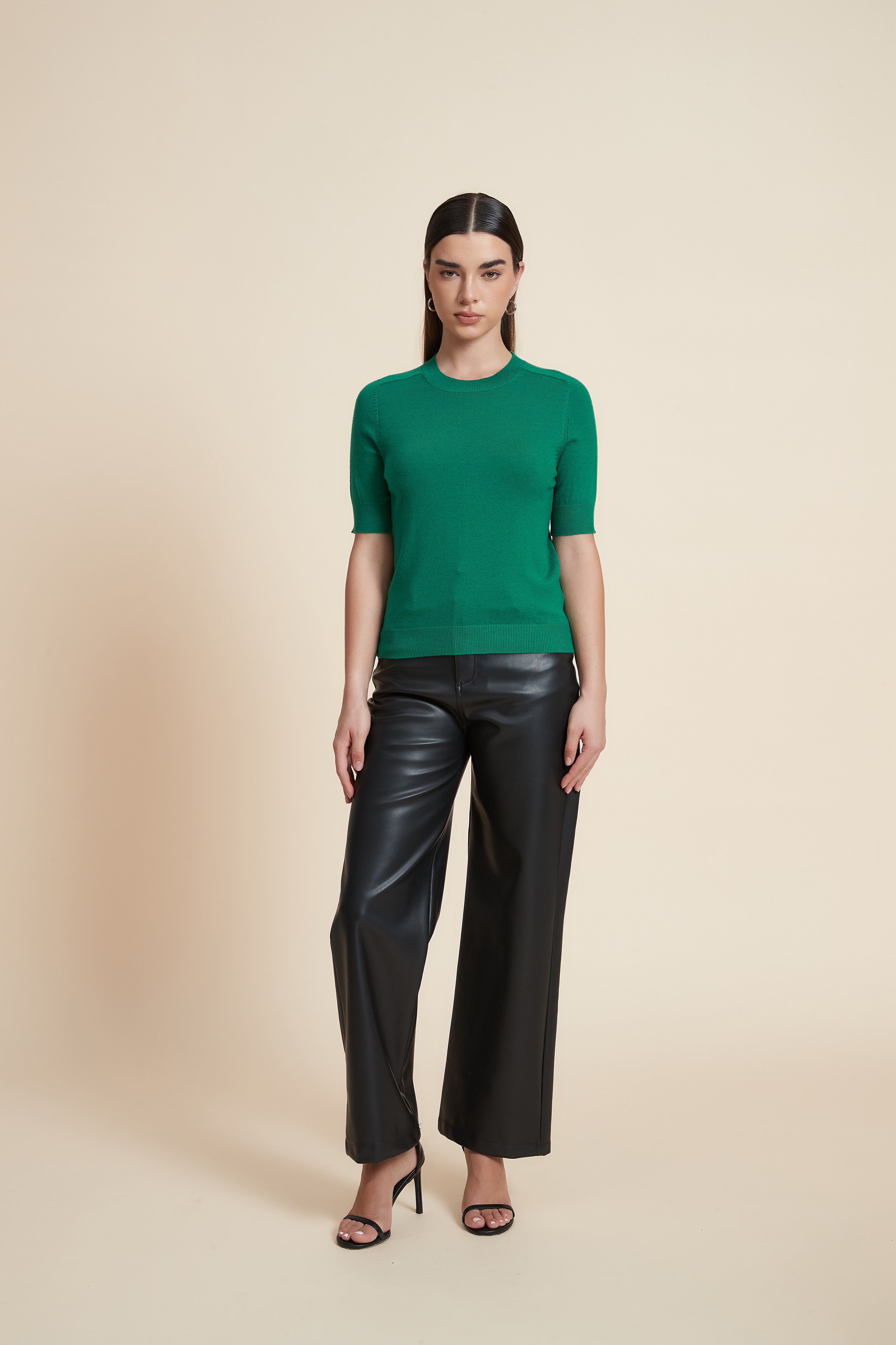 Plain Short Sleeve Top with Round Neck