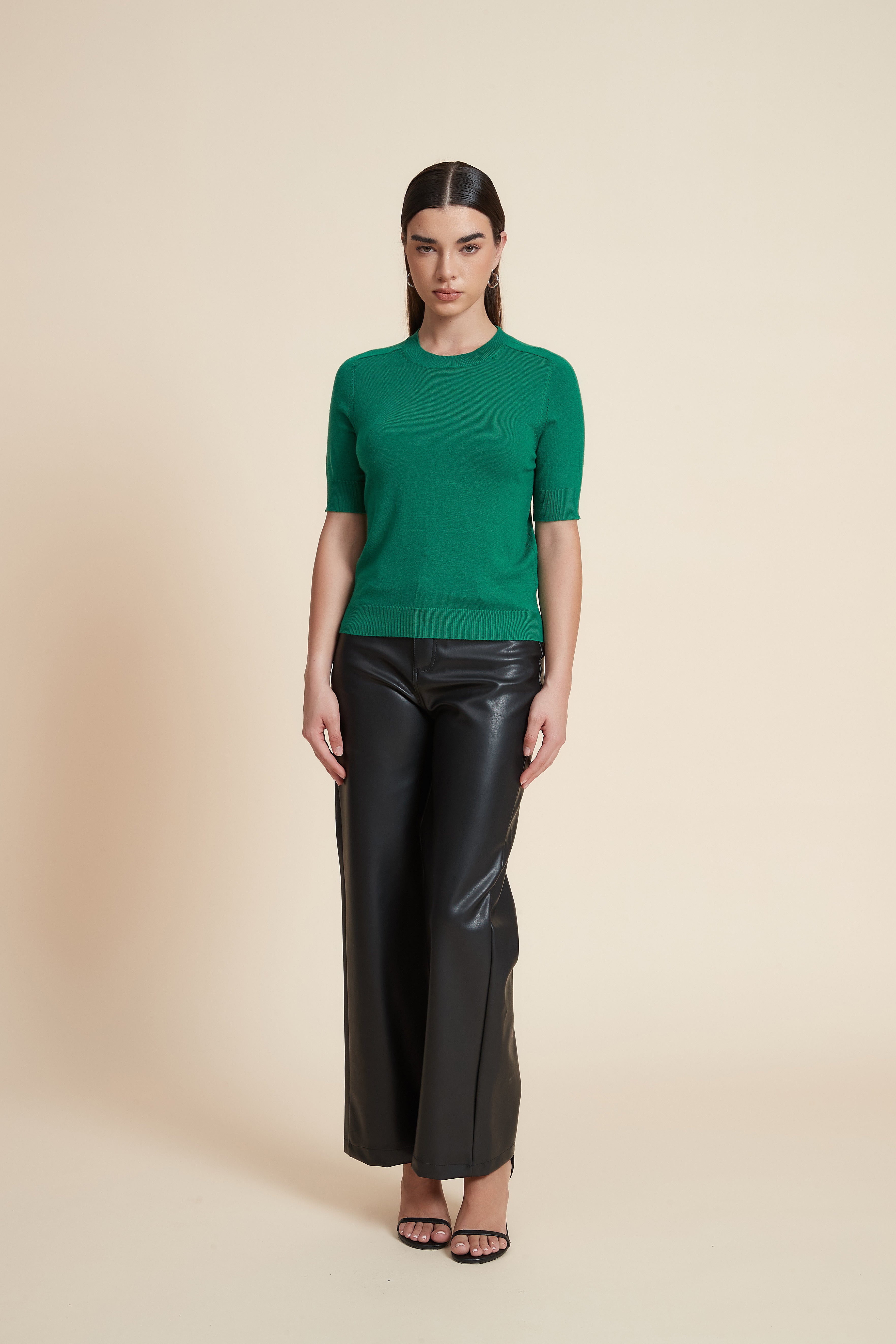 Plain Short Sleeve Top with Round Neck