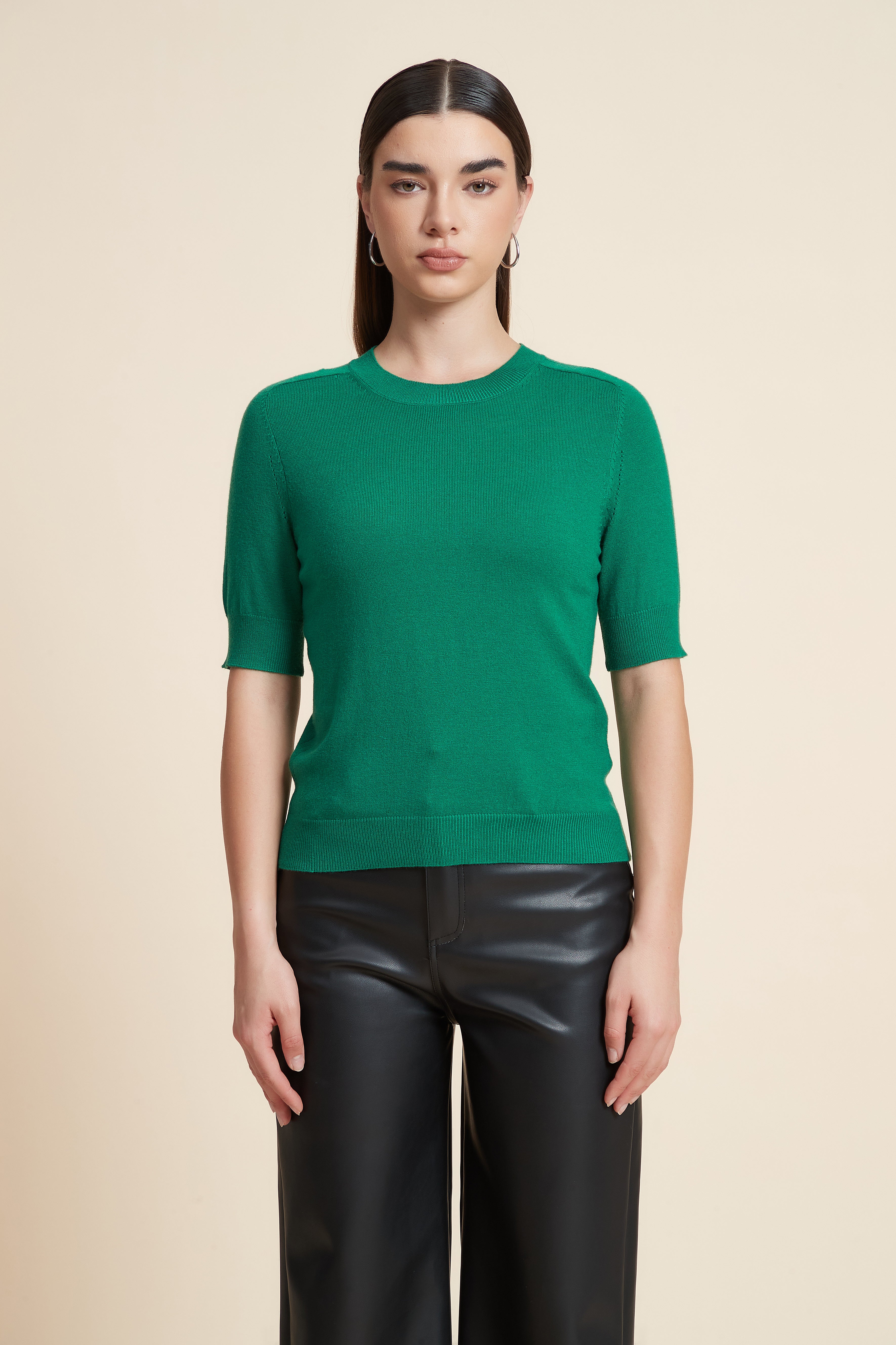 Plain Short Sleeve Top with Round Neck