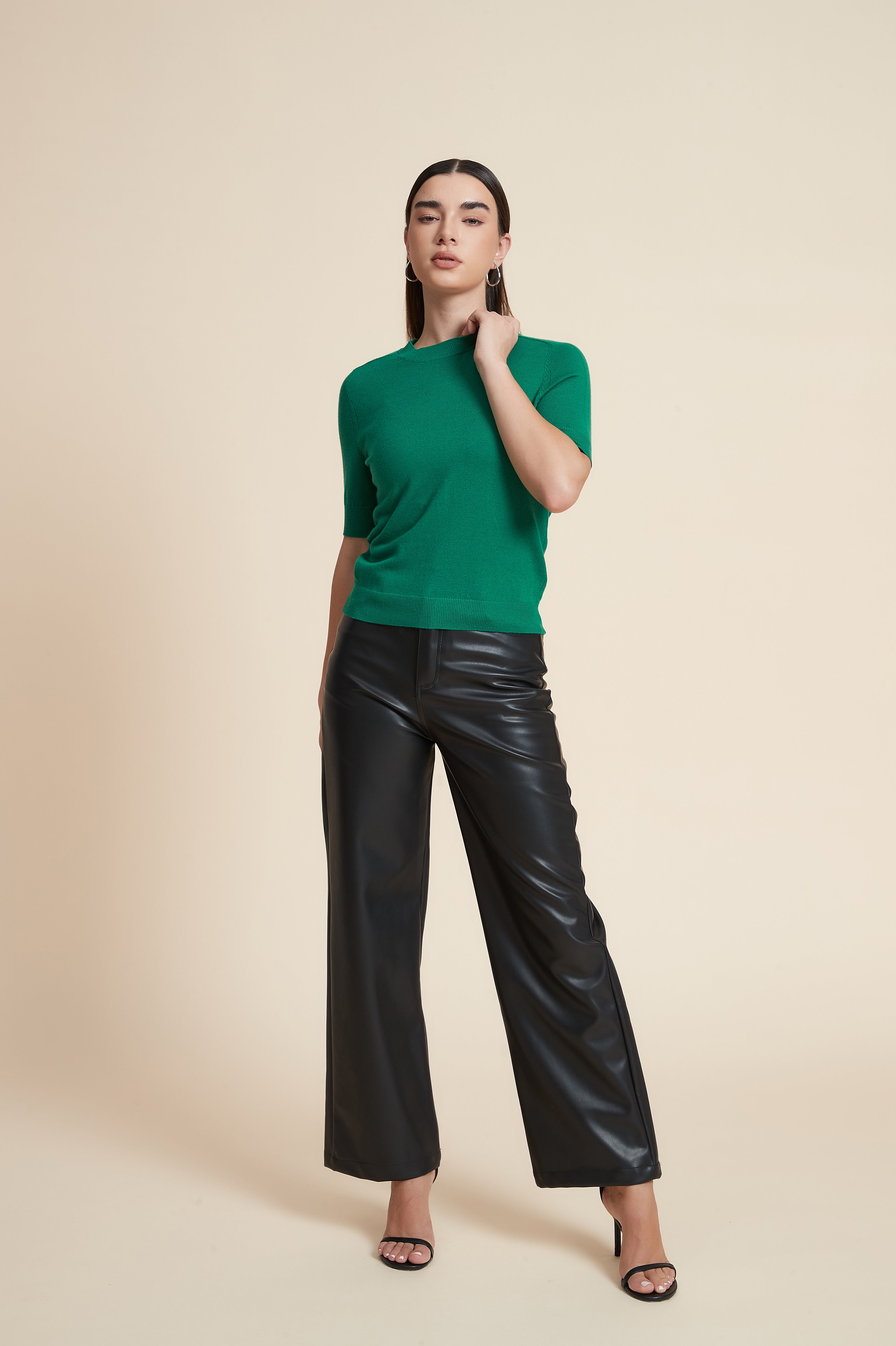 Plain Short Sleeve Top with Round Neck