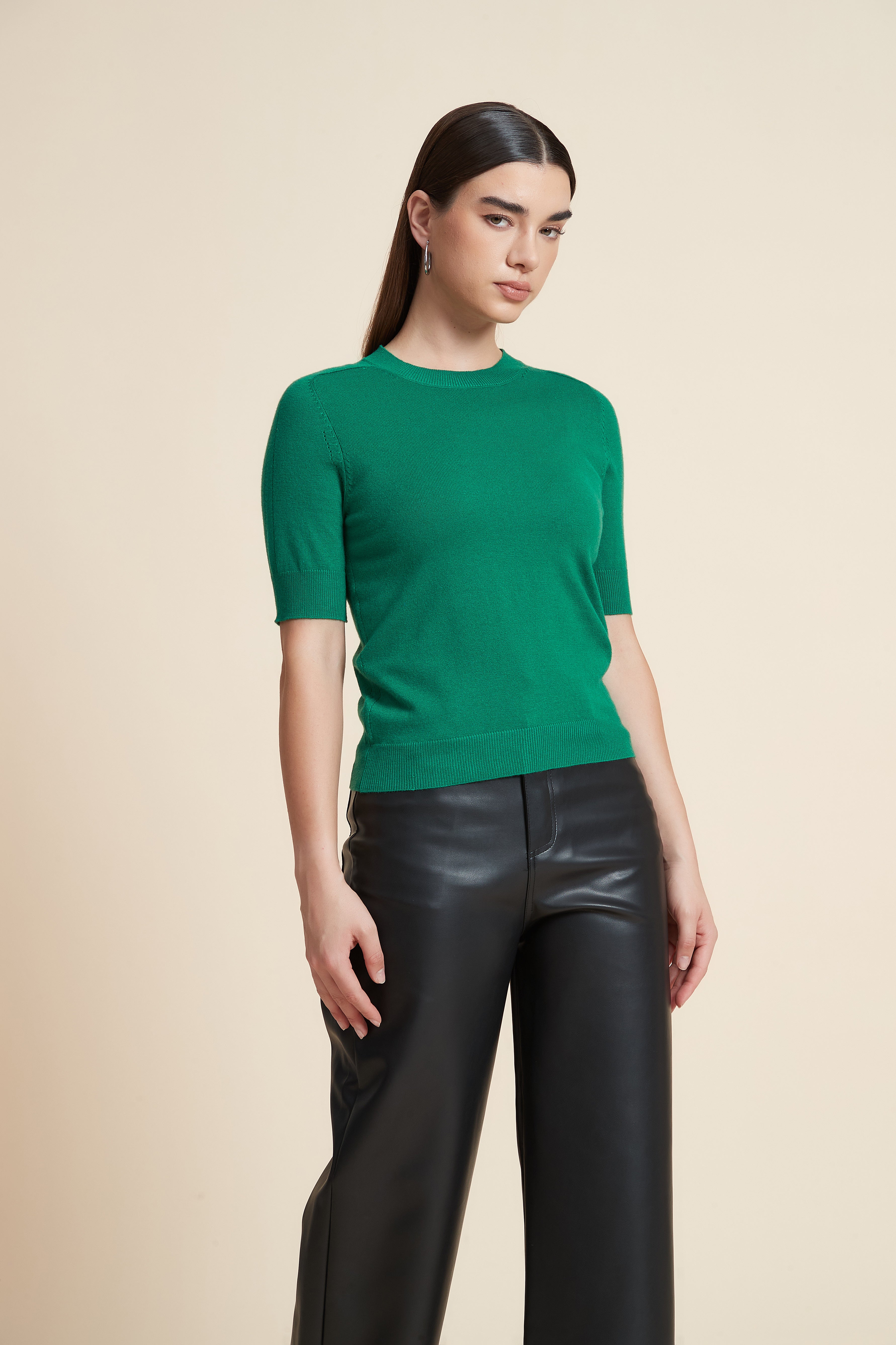 Plain Short Sleeve Top with Round Neck