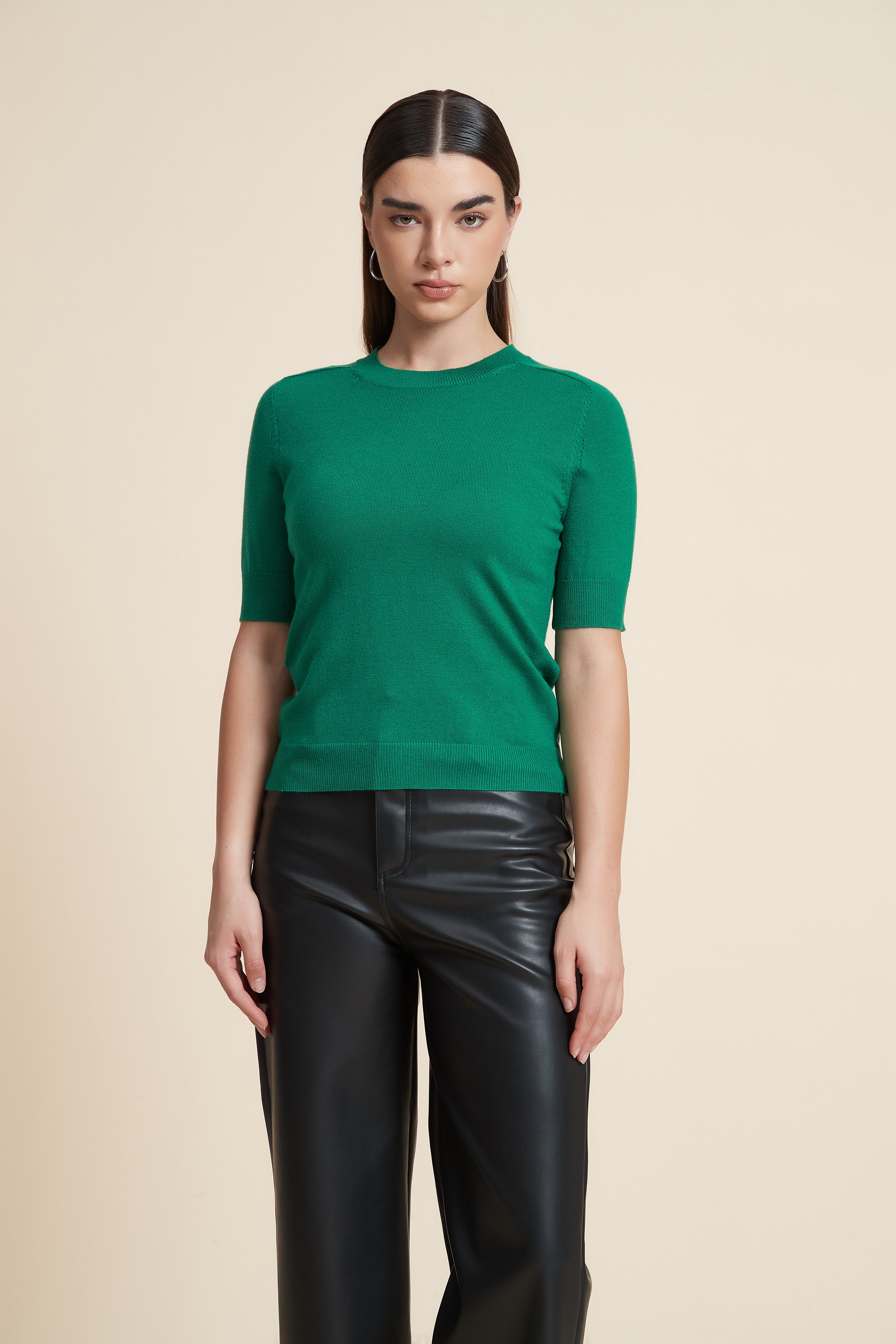 Plain Short Sleeve Top with Round Neck