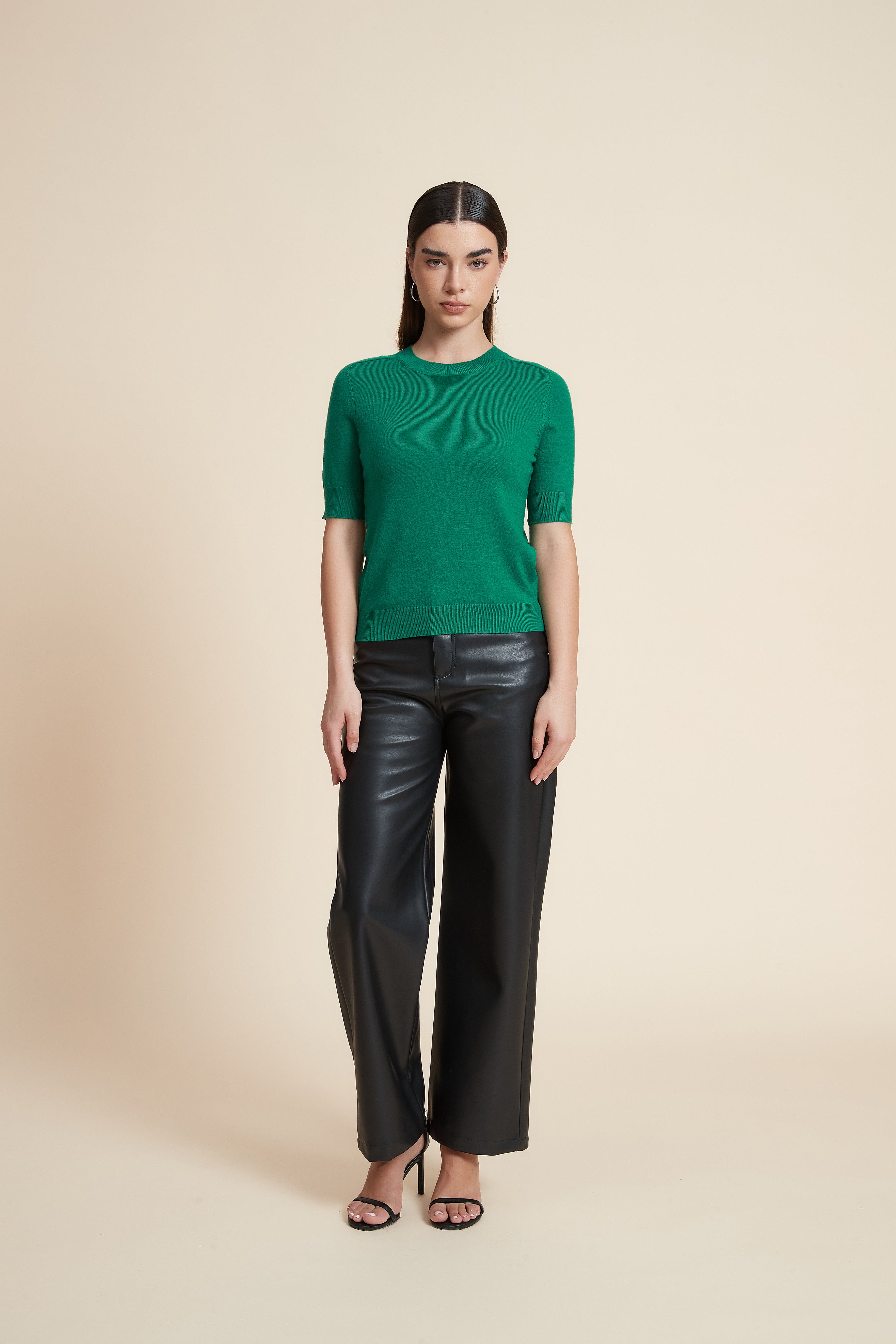 Plain Short Sleeve Top with Round Neck