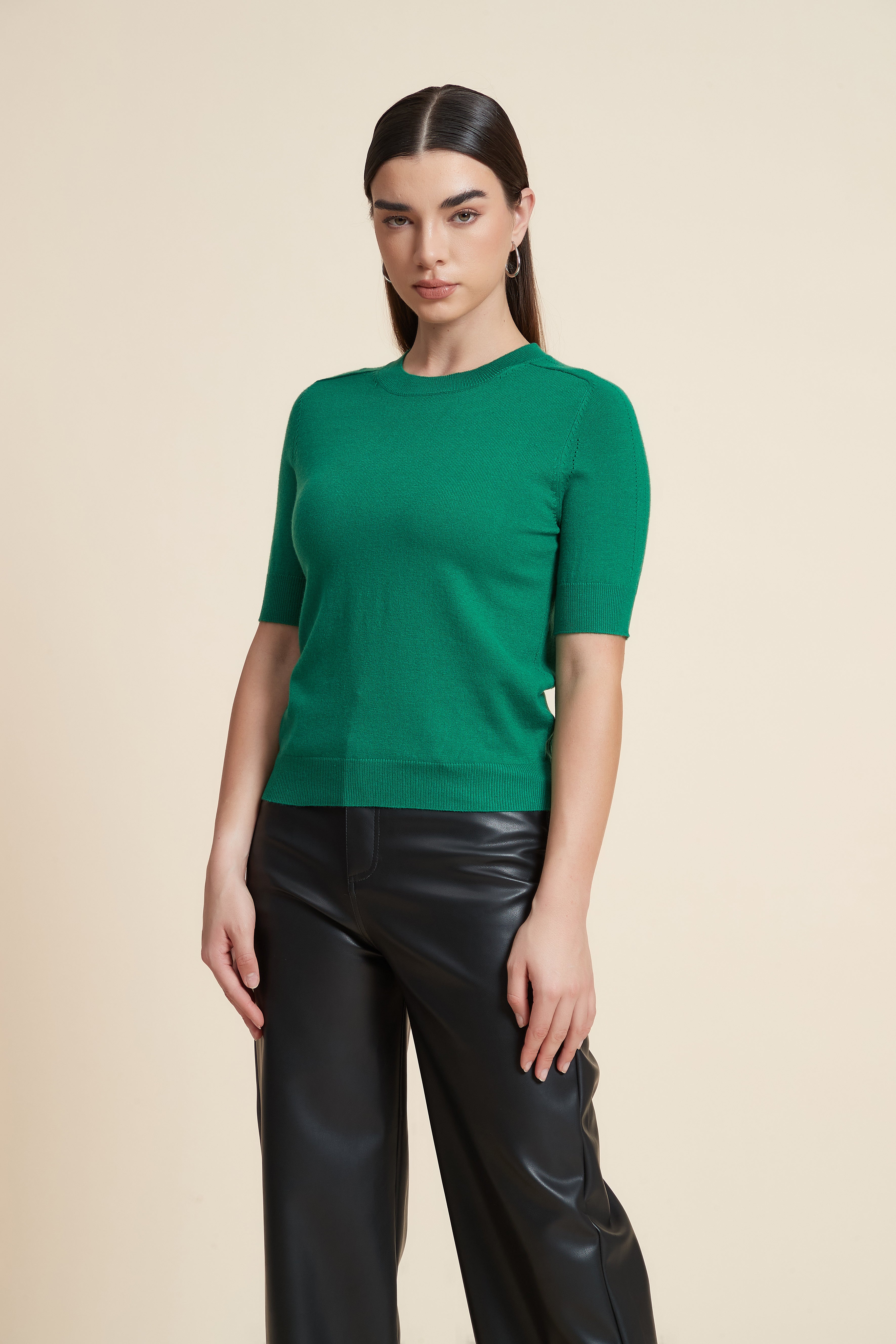Plain Short Sleeve Top with Round Neck