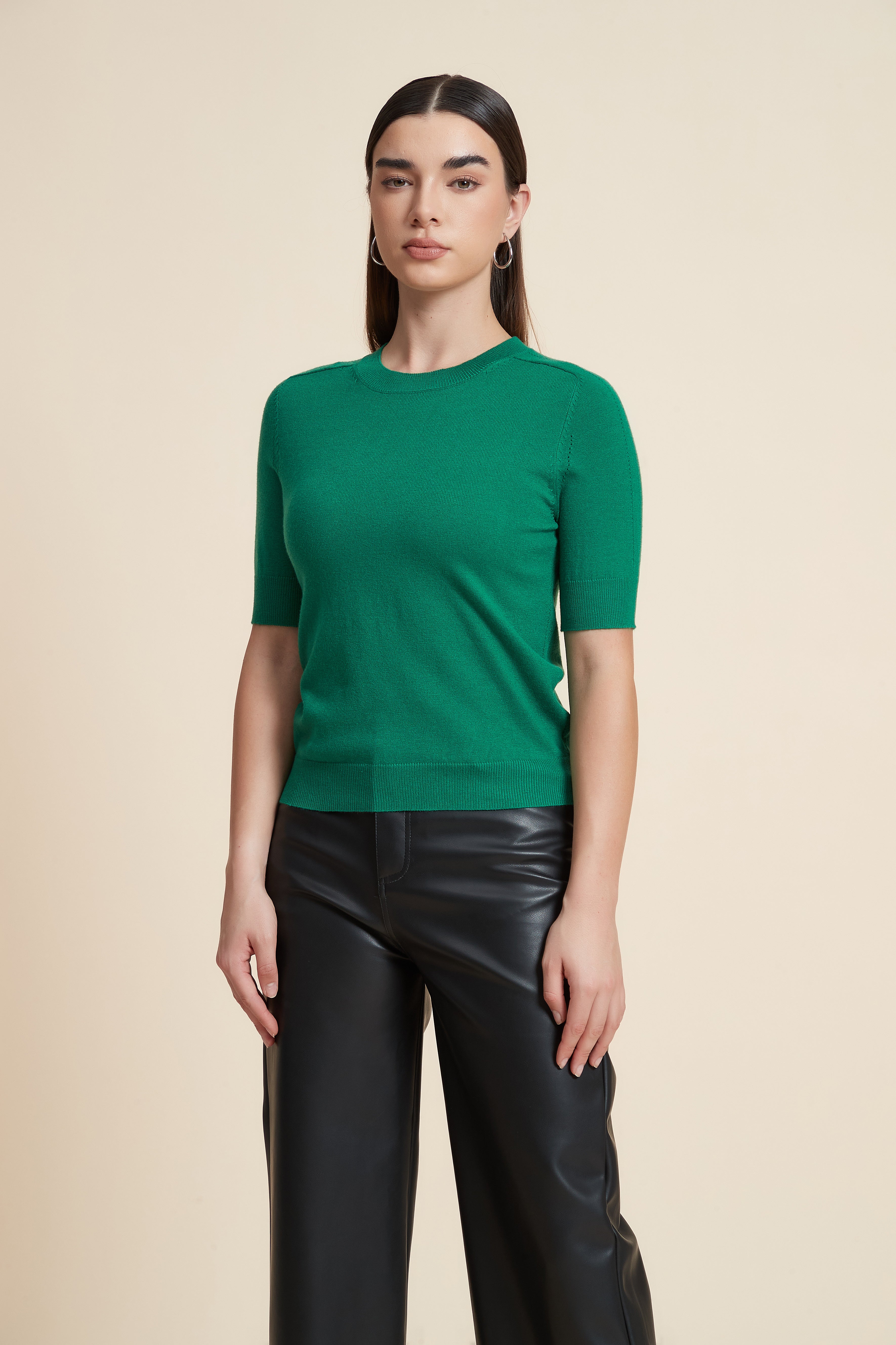 Plain Short Sleeve Top with Round Neck
