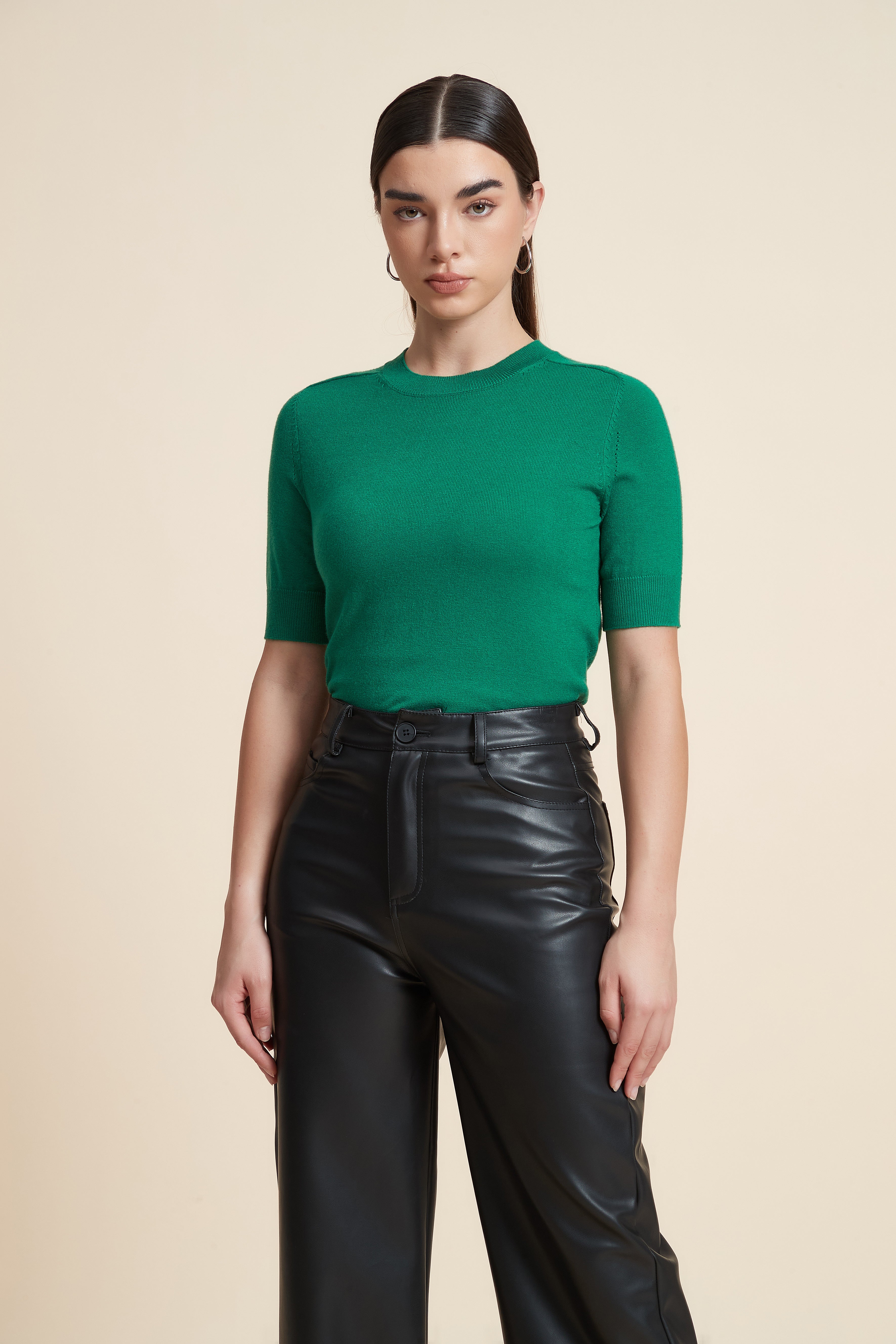 Plain Short Sleeve Top with Round Neck