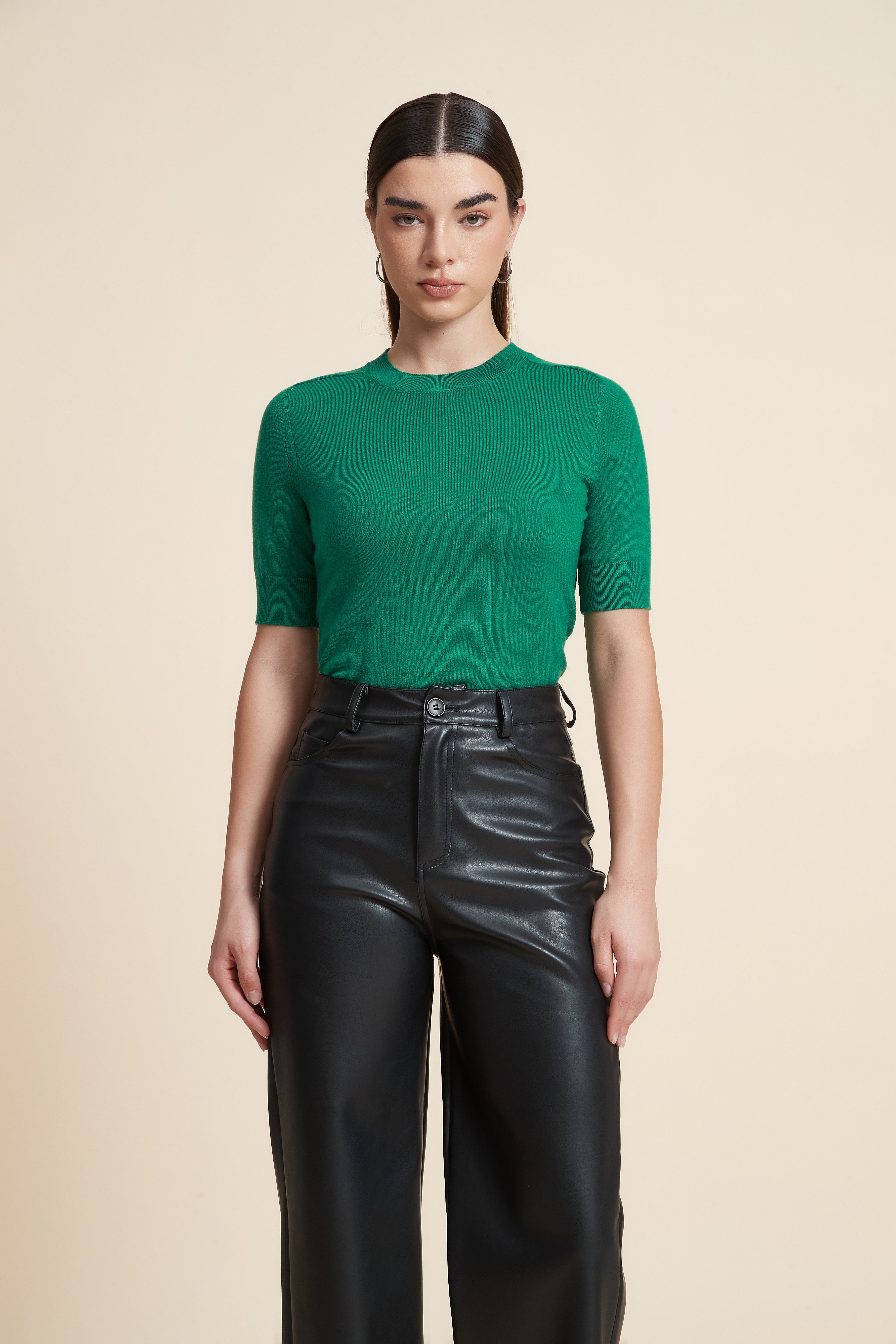 Plain Short Sleeve Top with Round Neck