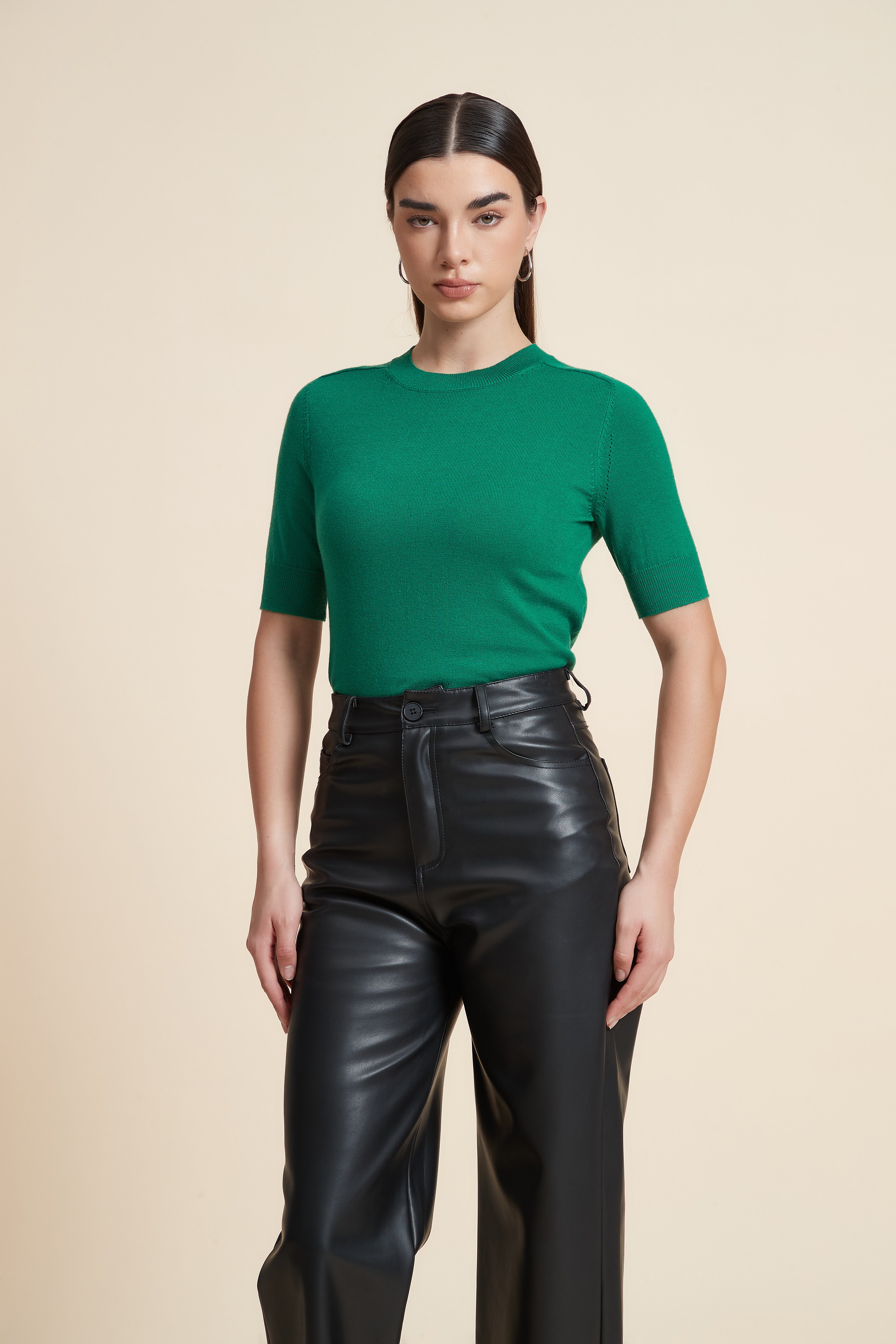 Plain Short Sleeve Top with Round Neck