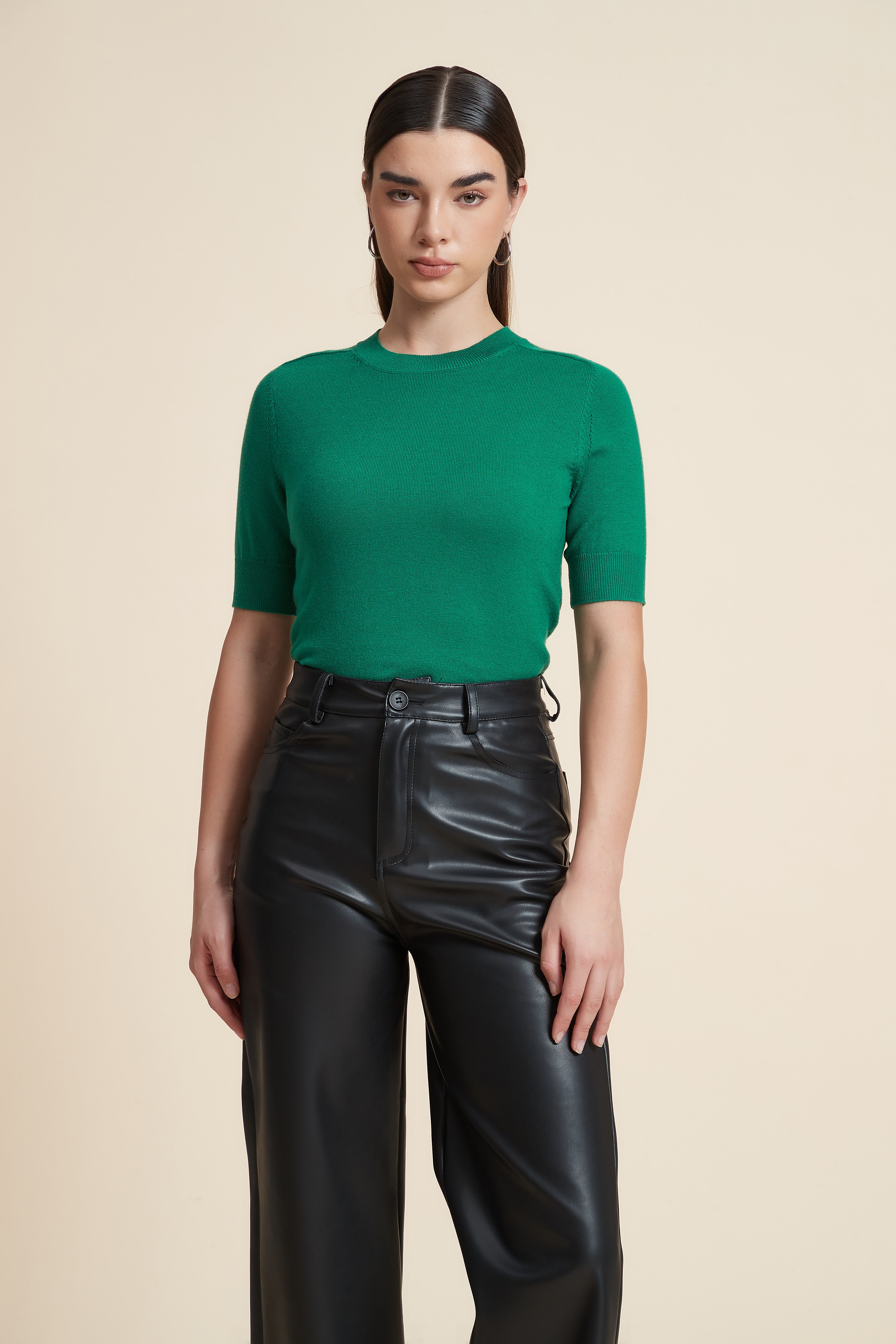 Plain Short Sleeve Top with Round Neck