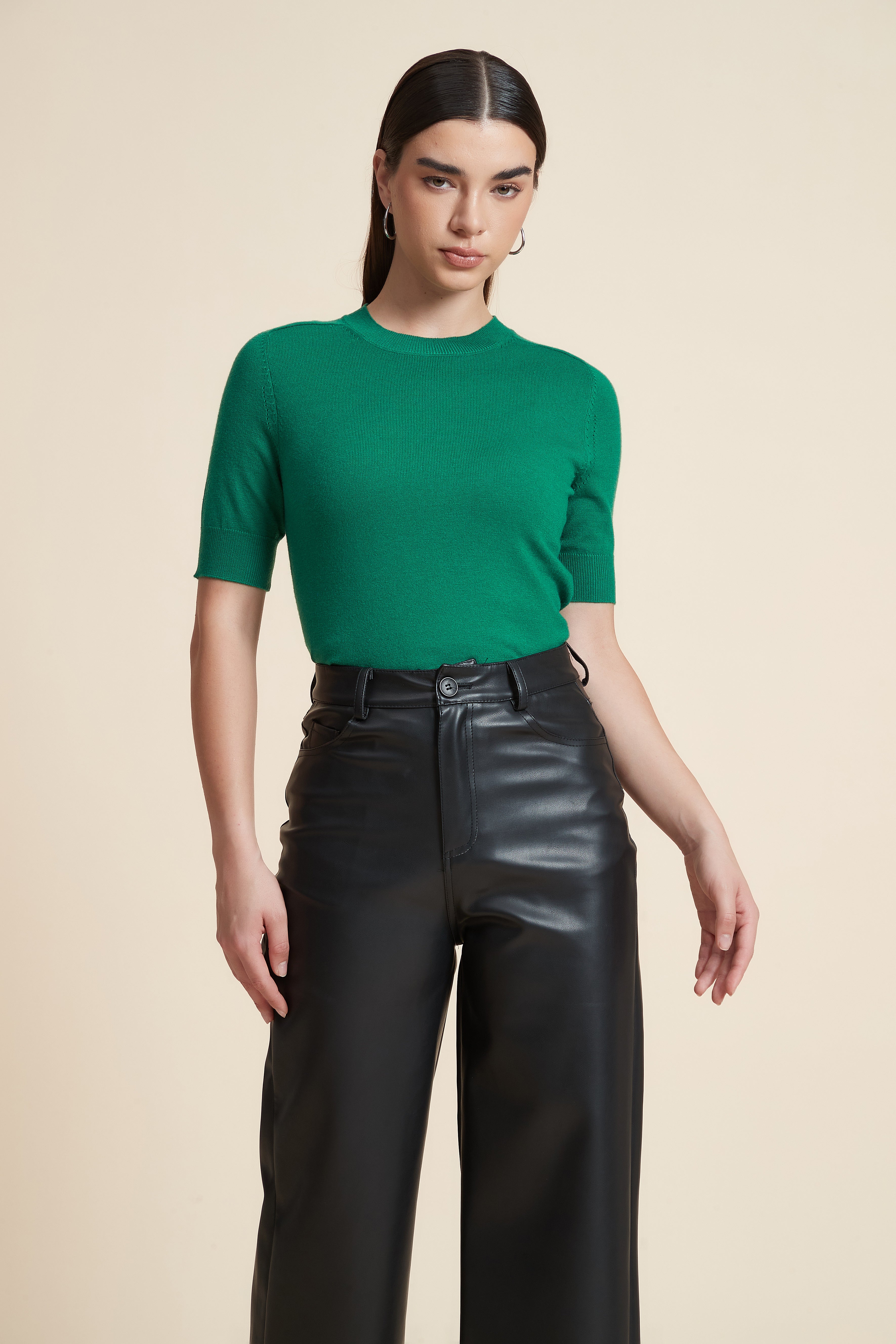 Plain Short Sleeve Top with Round Neck