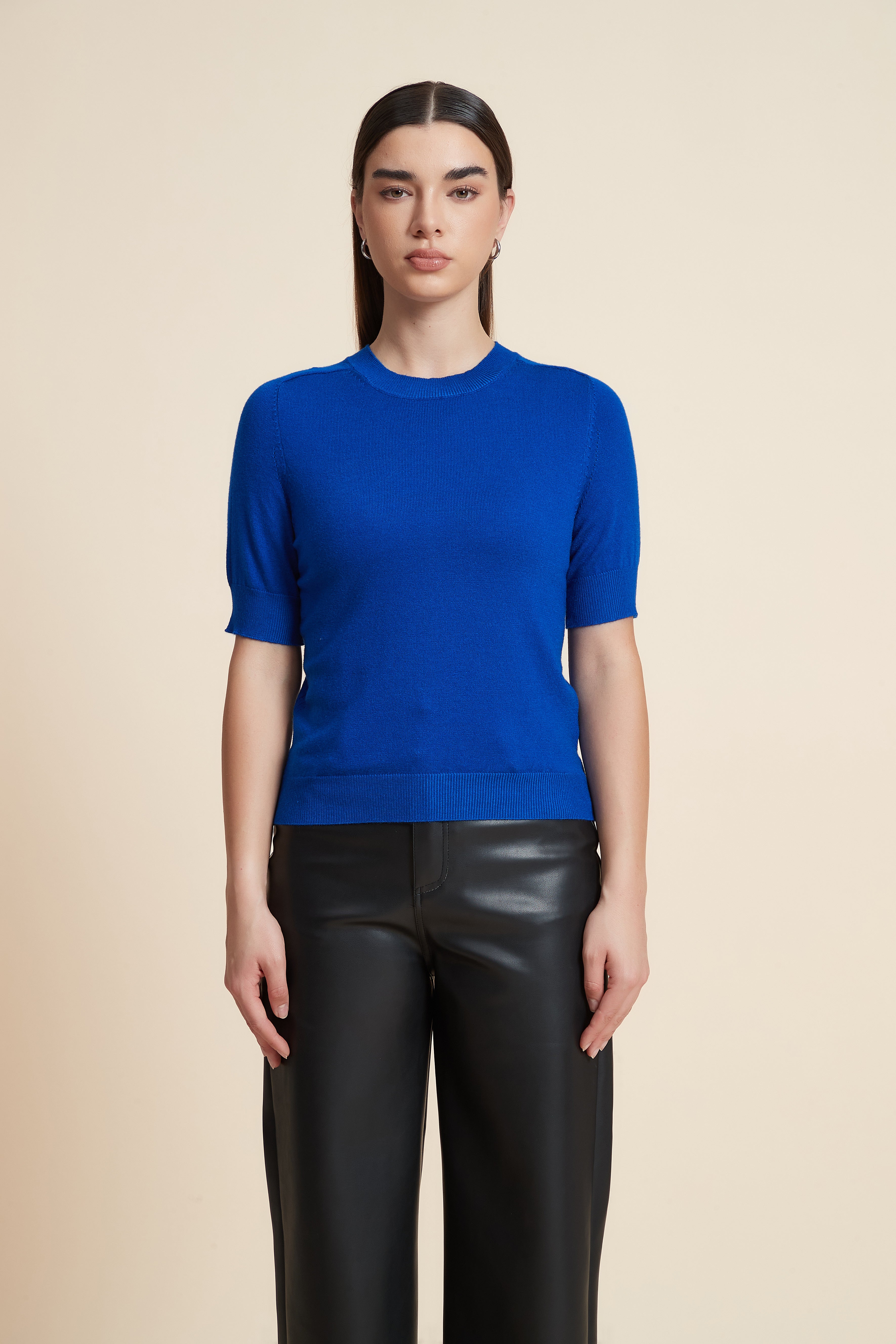 Plain Short Sleeve Top with Round Neck