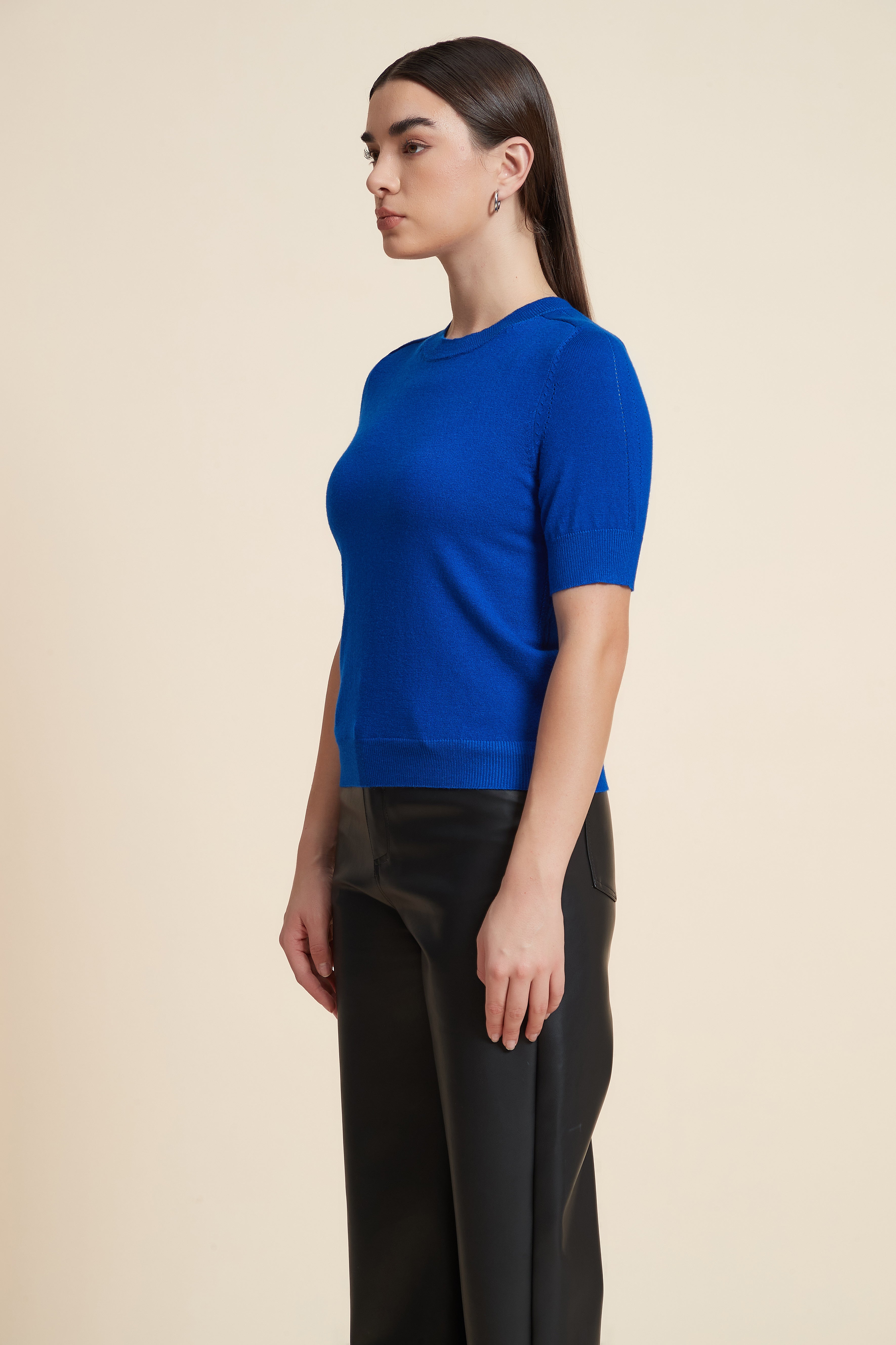 Plain Short Sleeve Top with Round Neck