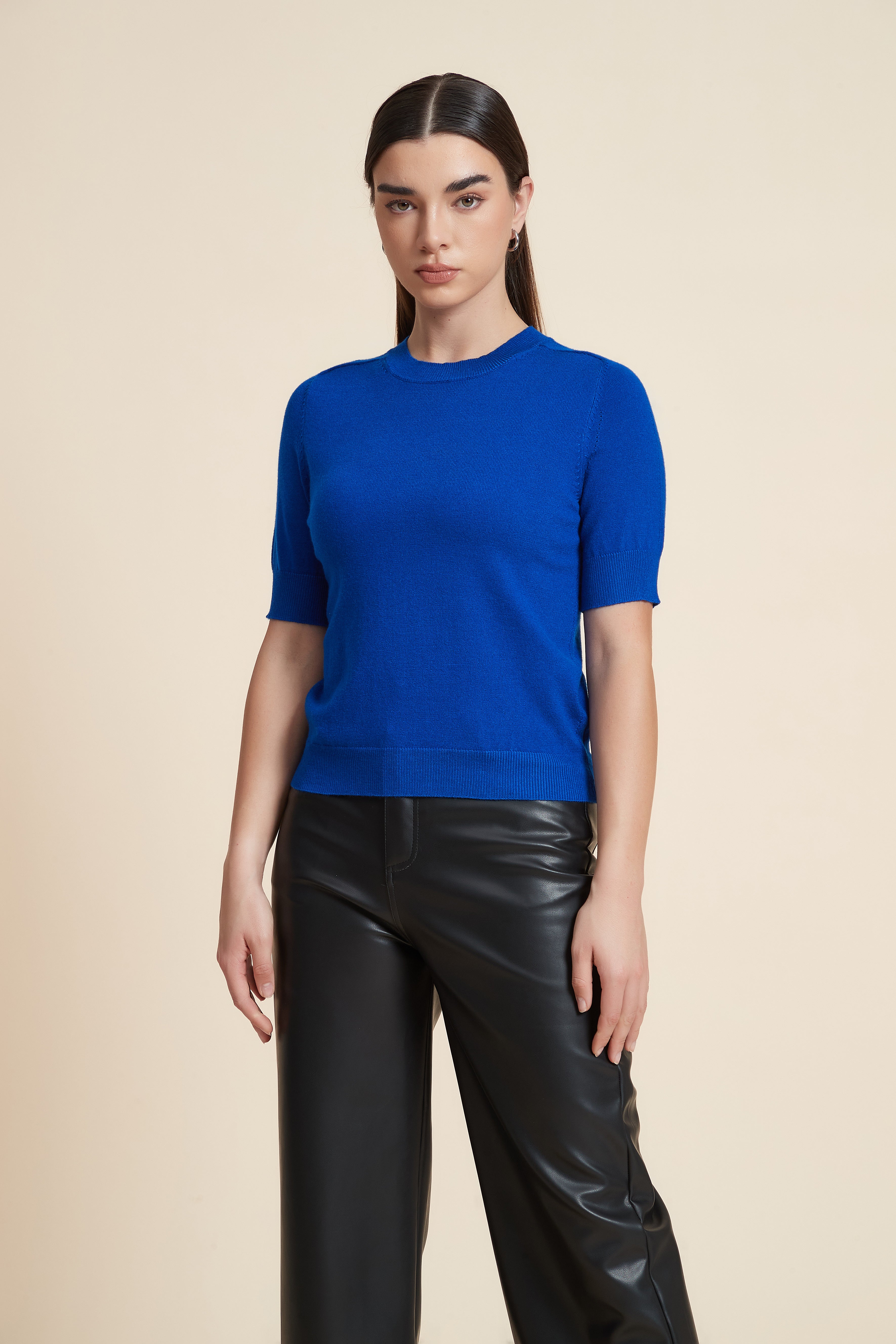 Plain Short Sleeve Top with Round Neck