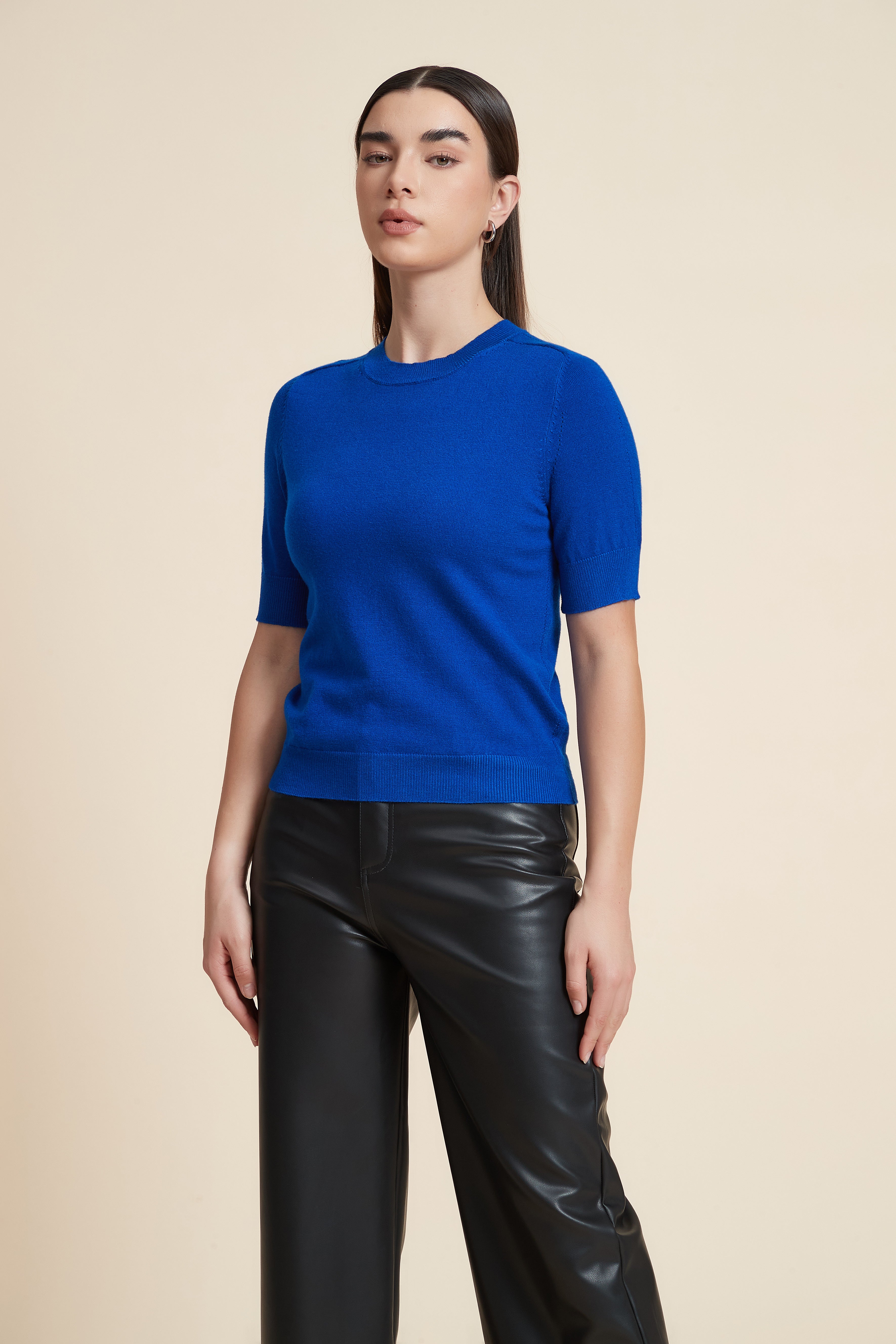 Plain Short Sleeve Top with Round Neck