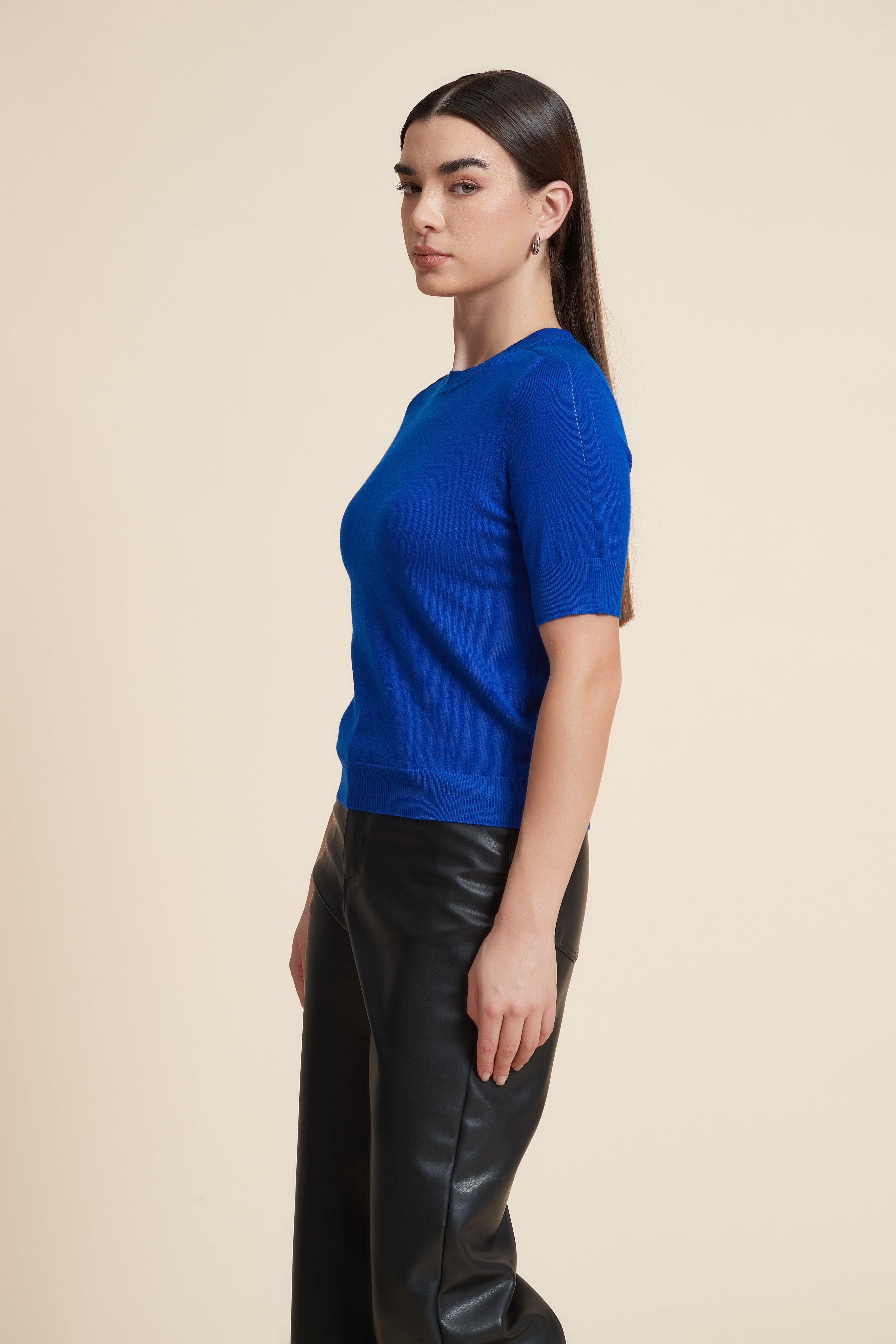 Plain Short Sleeve Top with Round Neck