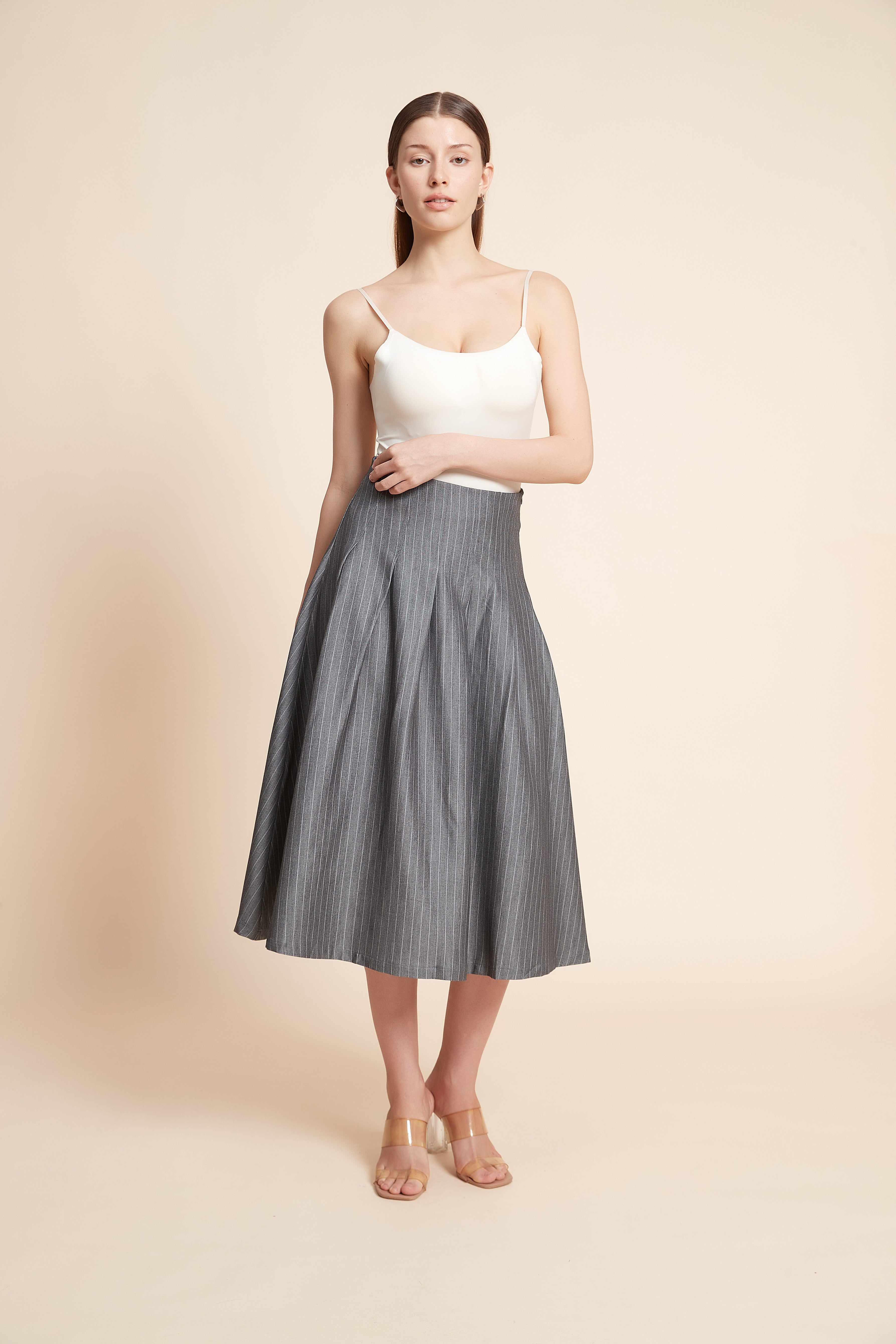 Striped Pleated Midi Skirt
