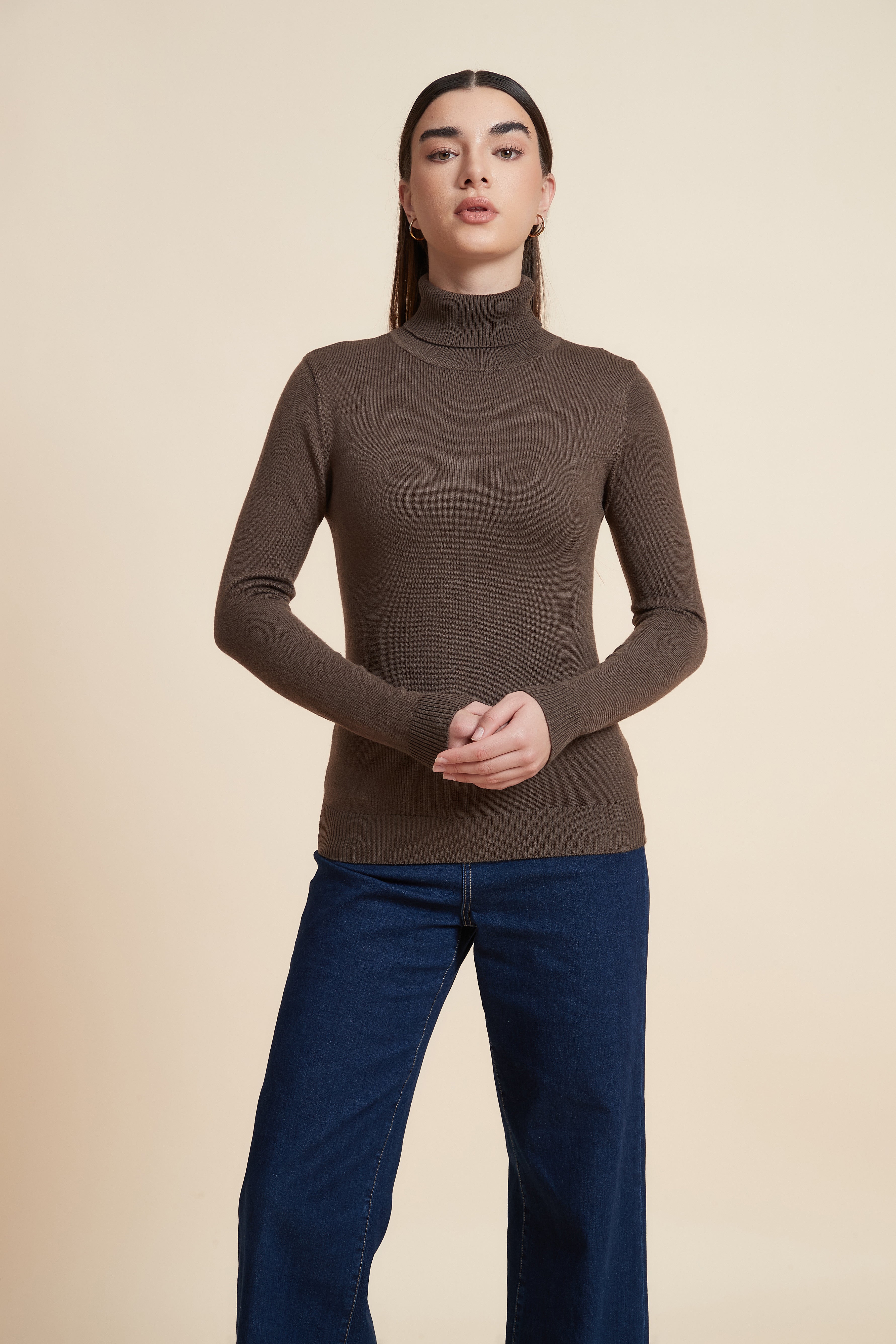 Long Sleeve Solid Blouse with High Neck
