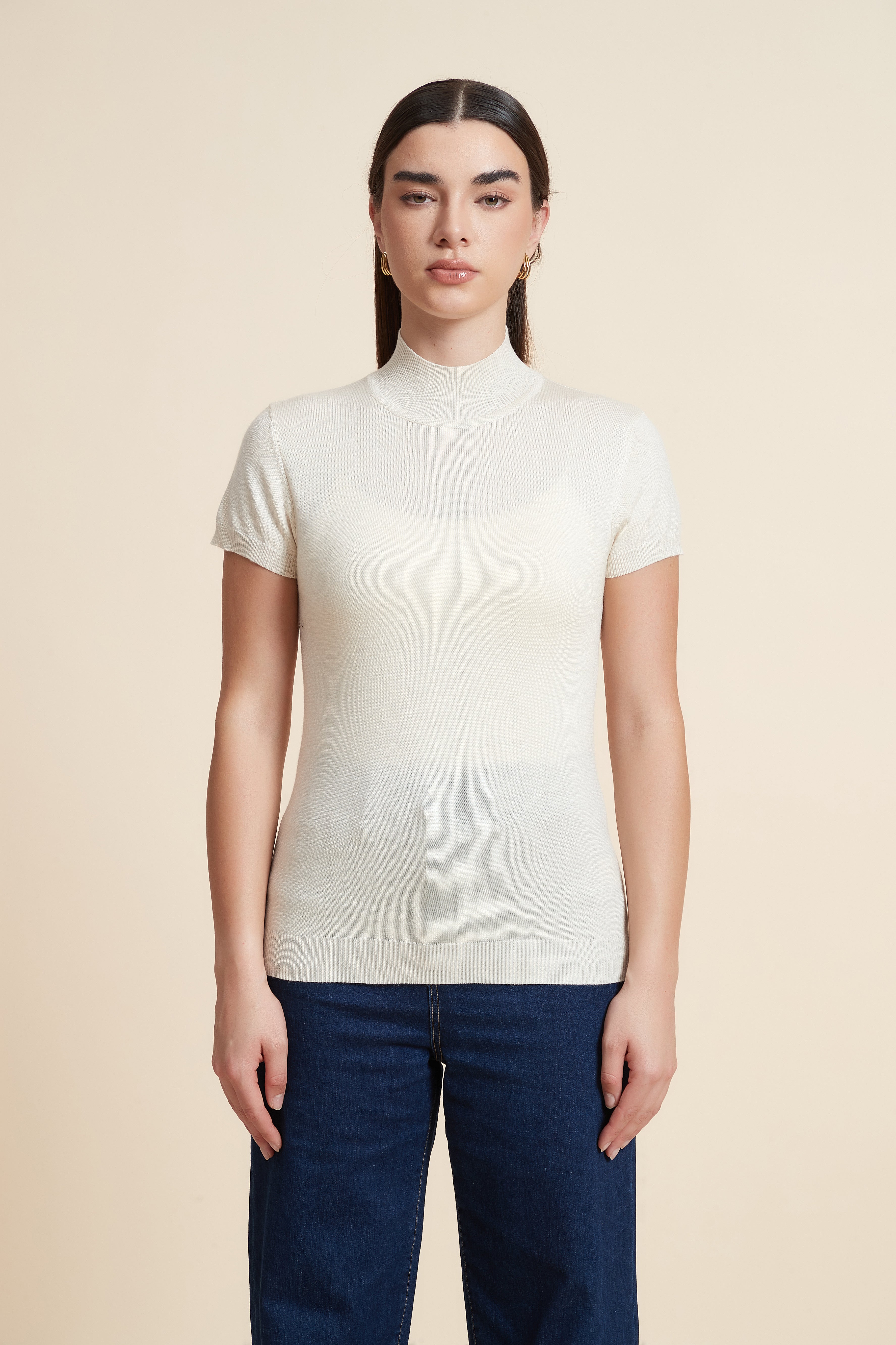 Solid Color High Neck Short Sleeve Blouse