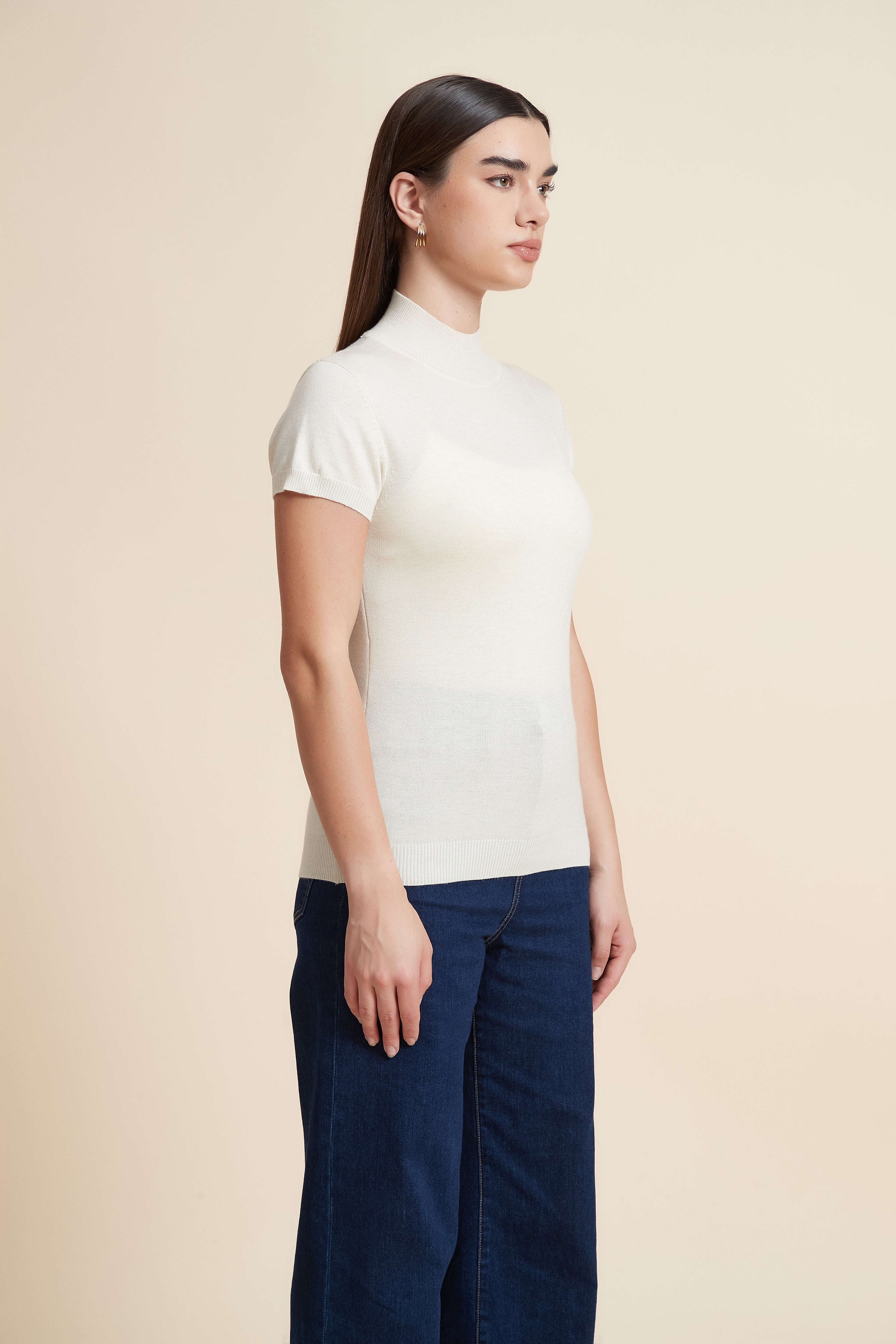 Solid Color High Neck Short Sleeve Blouse