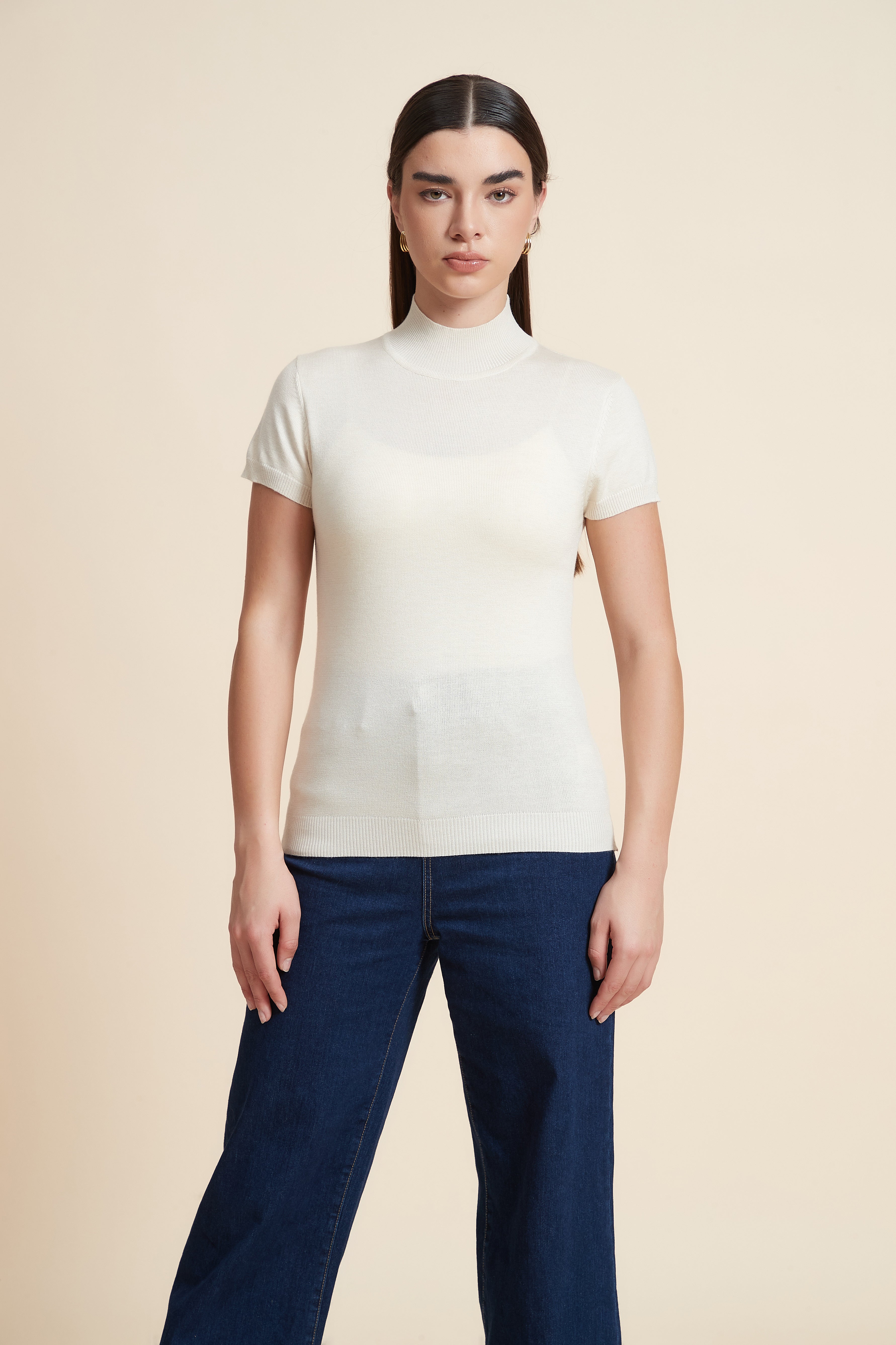 Solid Color High Neck Short Sleeve Blouse