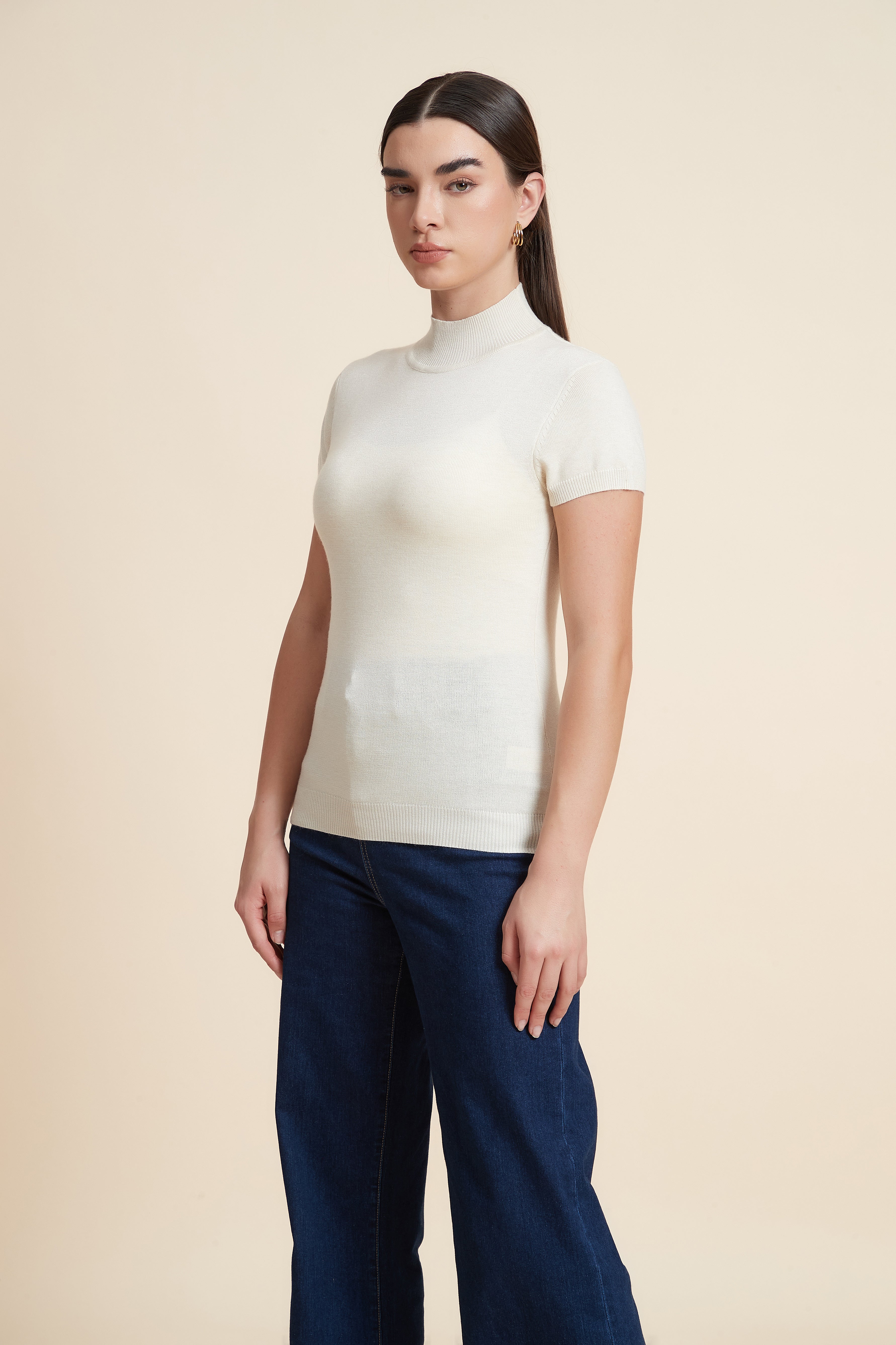 Solid Color High Neck Short Sleeve Blouse