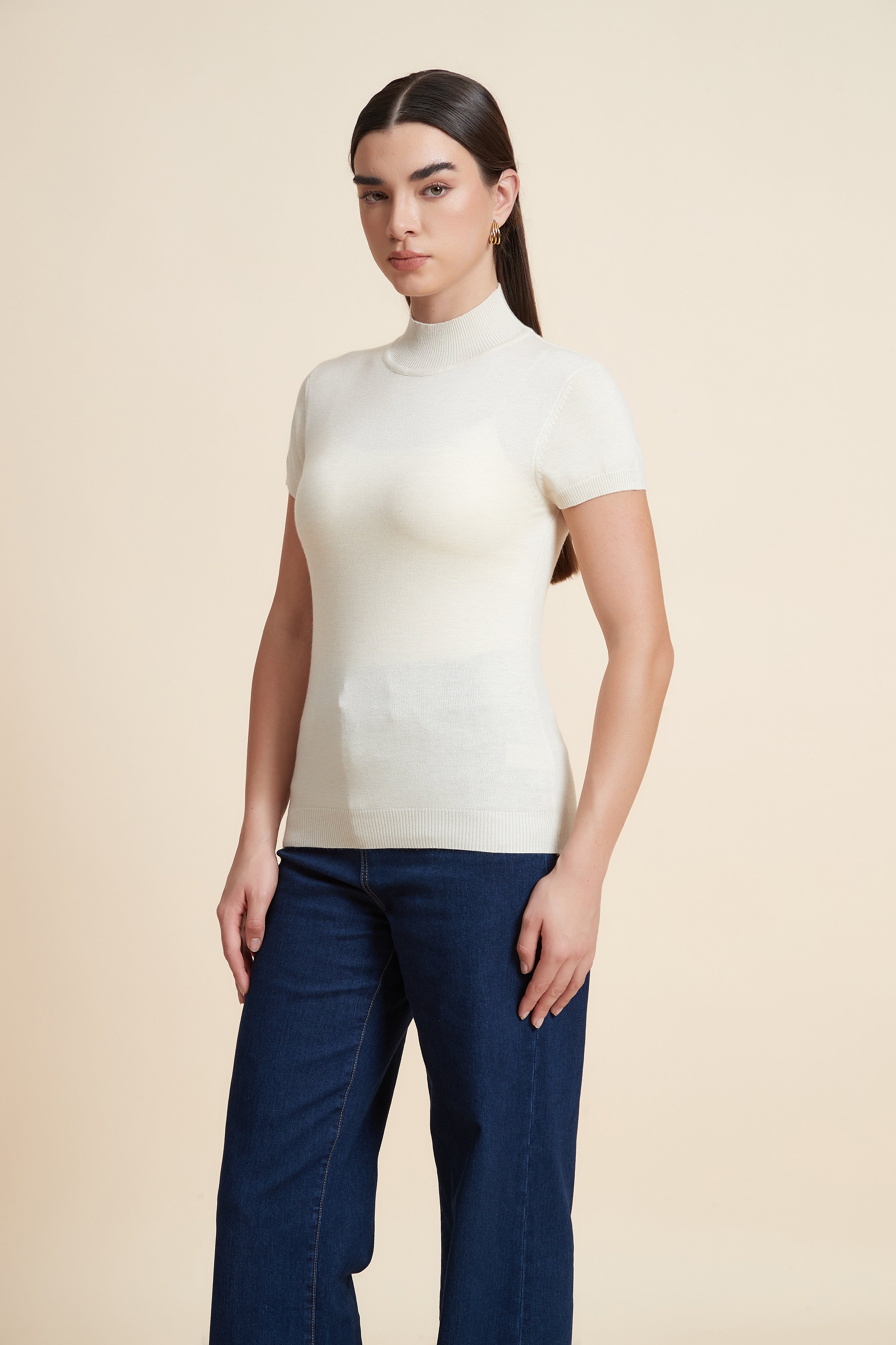 Solid Color High Neck Short Sleeve Blouse