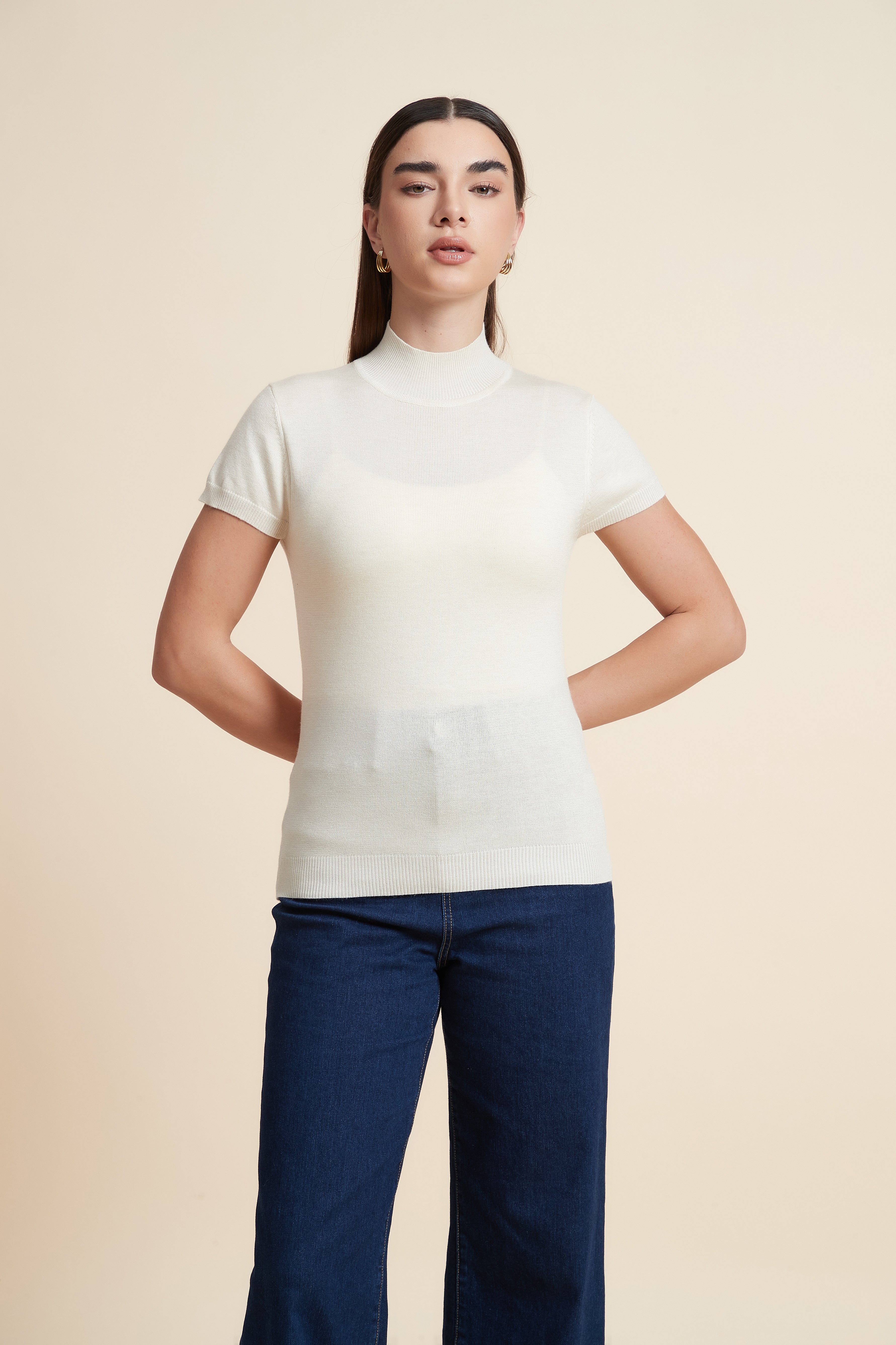 Solid Color High Neck Short Sleeve Blouse
